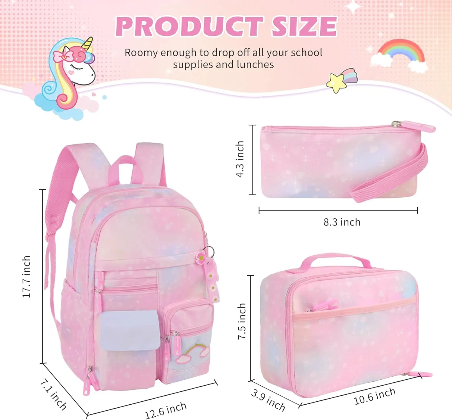 Girls Backpack,Cute Rainbow School Backpack Set for Girl Kid, Kawaii Girls Elementary Bookbag for Children Students