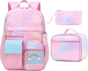 Girls Backpack,Cute Rainbow School Backpack Set for Girl Kid, Kawaii Girls Elementary Bookbag for Children Students