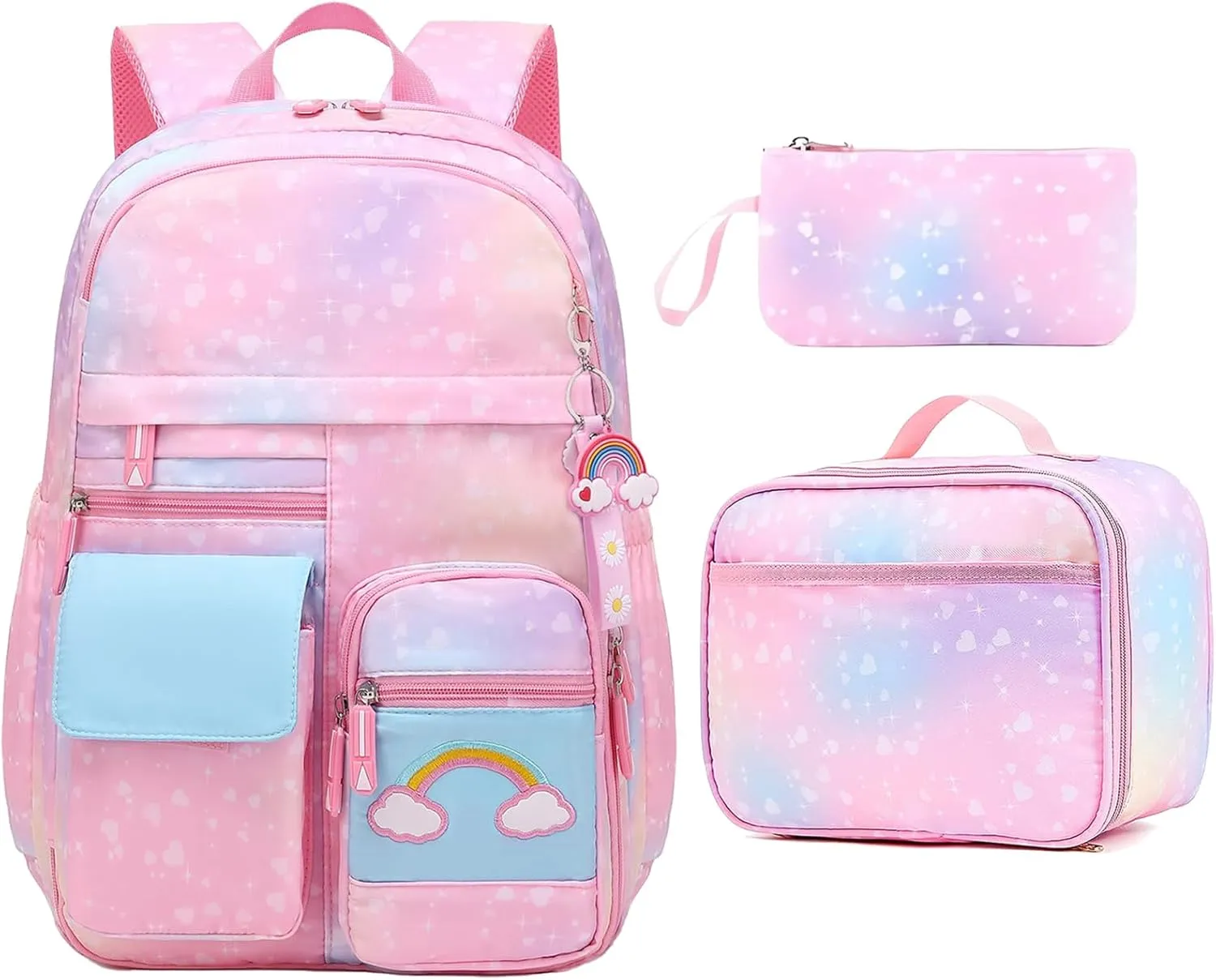 Girls Backpack,Cute Rainbow School Backpack Set for Girl Kid, Kawaii Girls Elementary Bookbag for Children Students