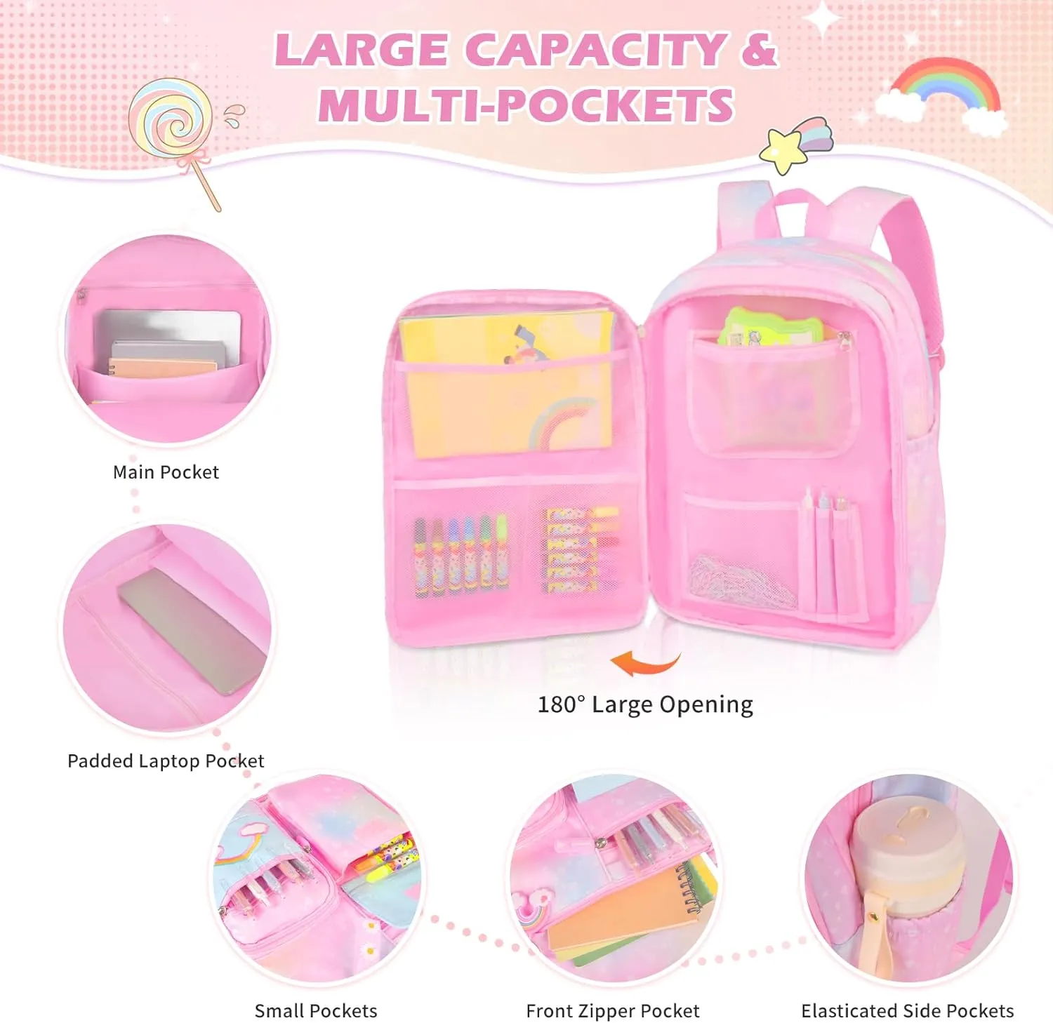 Girls Backpack,Cute Rainbow School Backpack Set for Girl Kid, Kawaii Girls Elementary Bookbag for Children Students