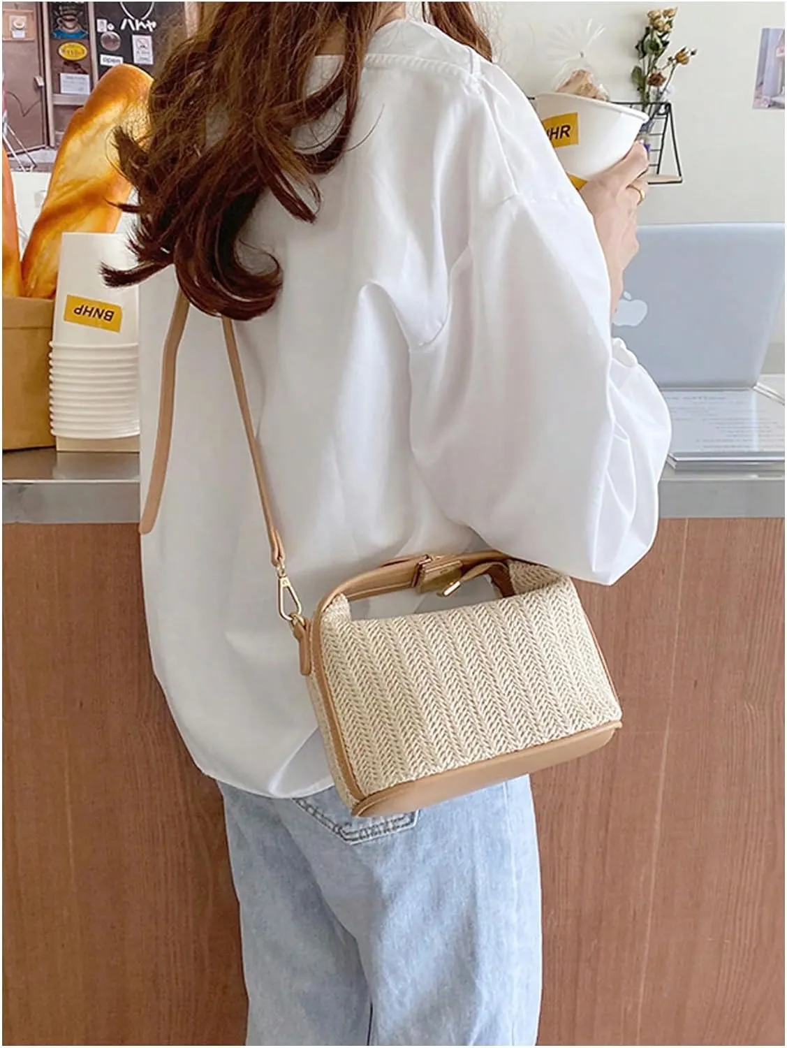 GORGLITTER Women's Straw Clutch Purses Handmade Woven Top Handle Bag Zipper Crossbody Bags