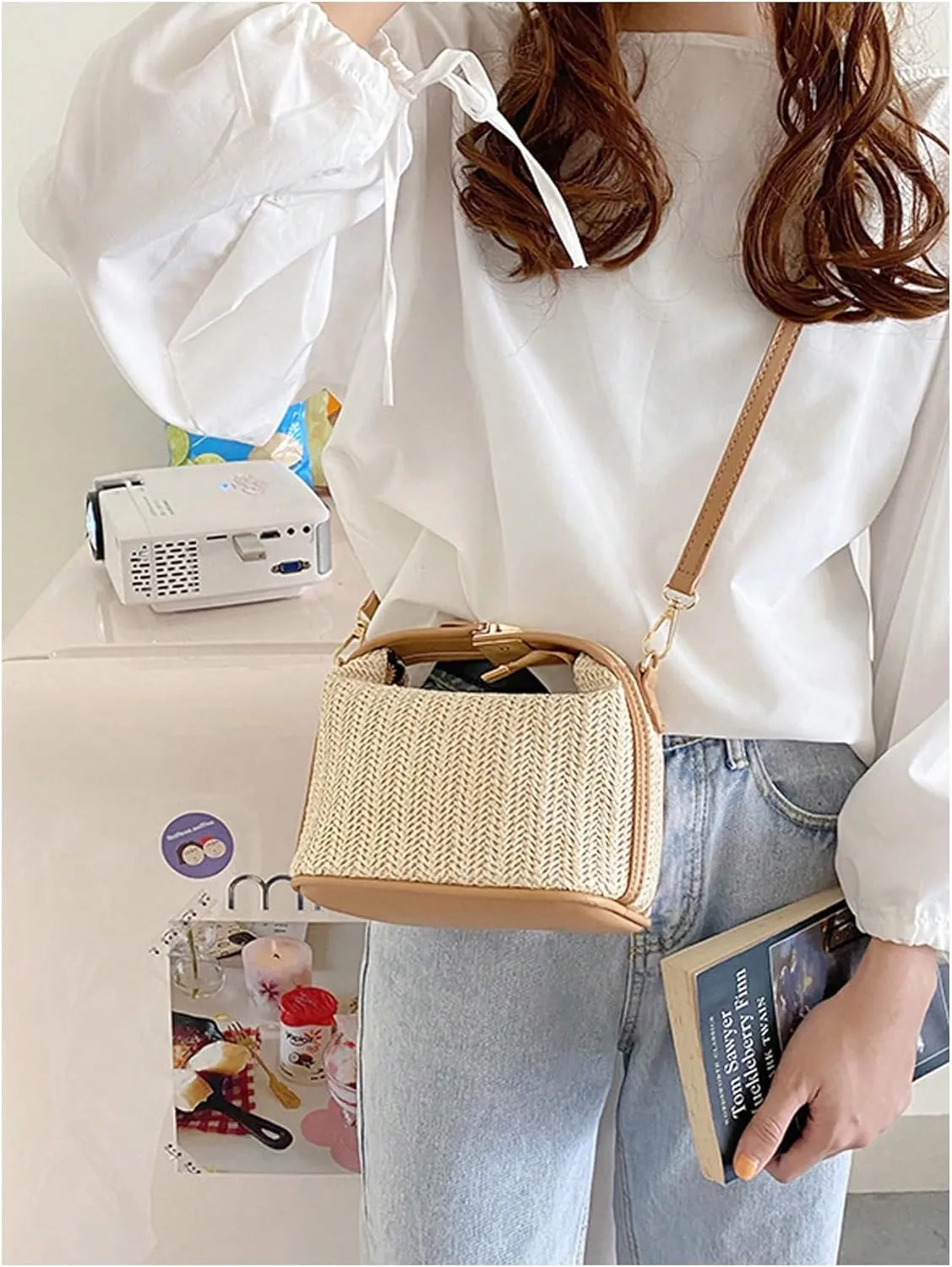 GORGLITTER Women's Straw Clutch Purses Handmade Woven Top Handle Bag Zipper Crossbody Bags