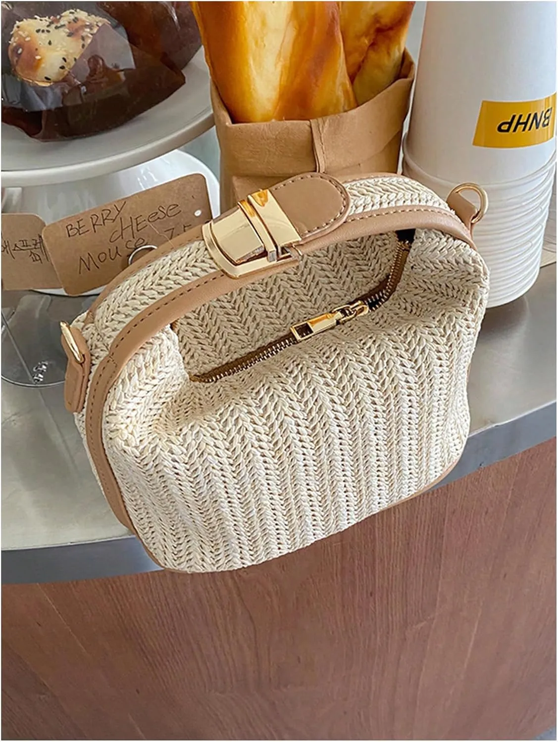 GORGLITTER Women's Straw Clutch Purses Handmade Woven Top Handle Bag Zipper Crossbody Bags