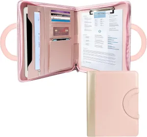 GraduatePro Portfolio Binder Leather Zippered Padfolio Folder Business Case Organizer Bag for Pad Notebook Resume with Clipboard for Women Graduation Gift, Pink