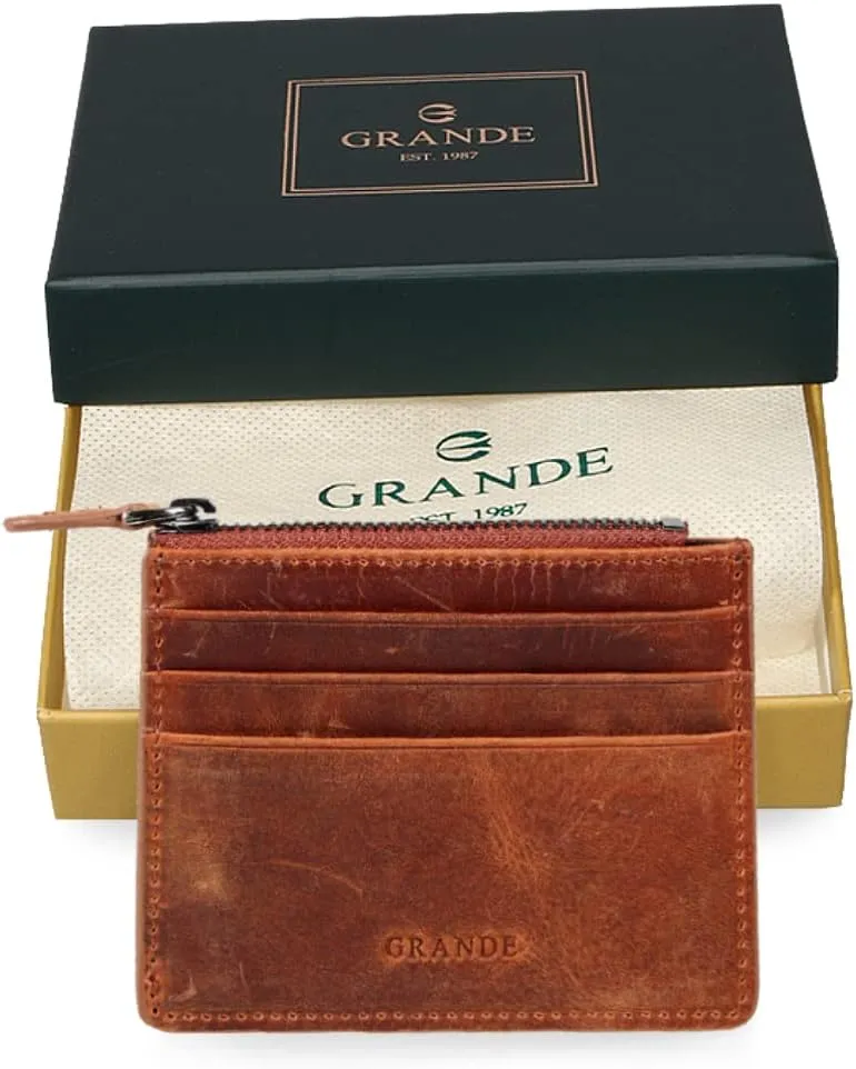 grande 3603 Genuine Leather Card Holder For Women and Men Slim Minimalist Small Zipper Wallet (CHOCOLATE BROWN)