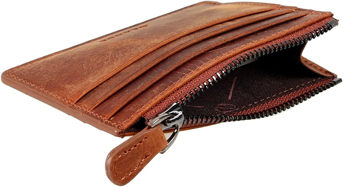 grande 3603 Genuine Leather Card Holder For Women and Men Slim Minimalist Small Zipper Wallet (CHOCOLATE BROWN)