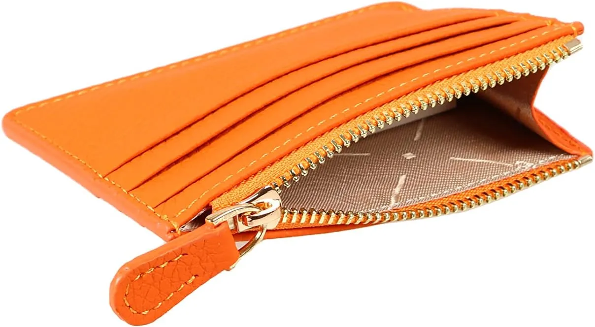 grande 3603 Genuine Leather Card Holder For Women and Men Slim Minimalist Small Zipper Wallet (ORANGE)