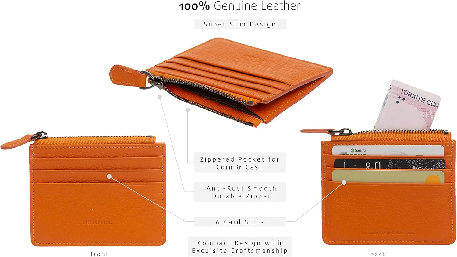 grande 3603 Genuine Leather Card Holder For Women and Men Slim Minimalist Small Zipper Wallet (ORANGE)