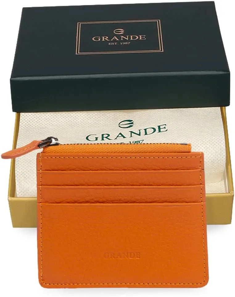grande 3603 Genuine Leather Card Holder For Women and Men Slim Minimalist Small Zipper Wallet (ORANGE)