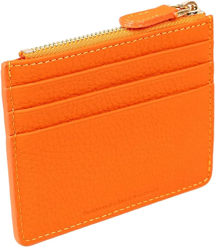 grande 3603 Genuine Leather Card Holder For Women and Men Slim Minimalist Small Zipper Wallet (ORANGE)