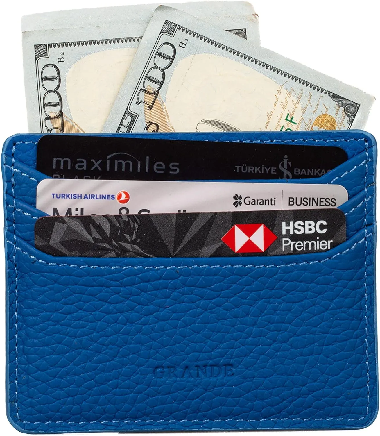 grande 3633 Genuine Leather Card Holder For Women and Men Super Slim Minimalist Small Snap Wallet (Blue)