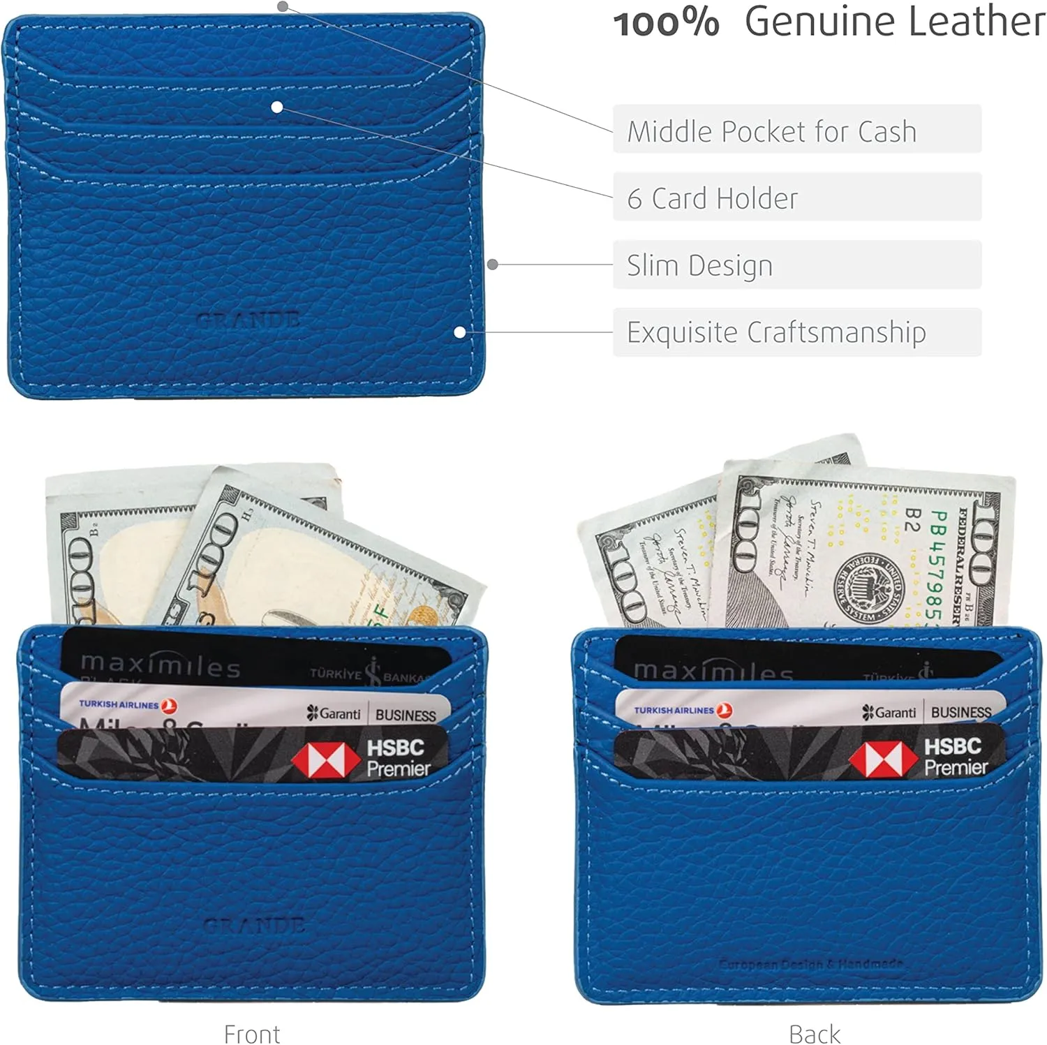 grande 3633 Genuine Leather Card Holder For Women and Men Super Slim Minimalist Small Snap Wallet (Blue)