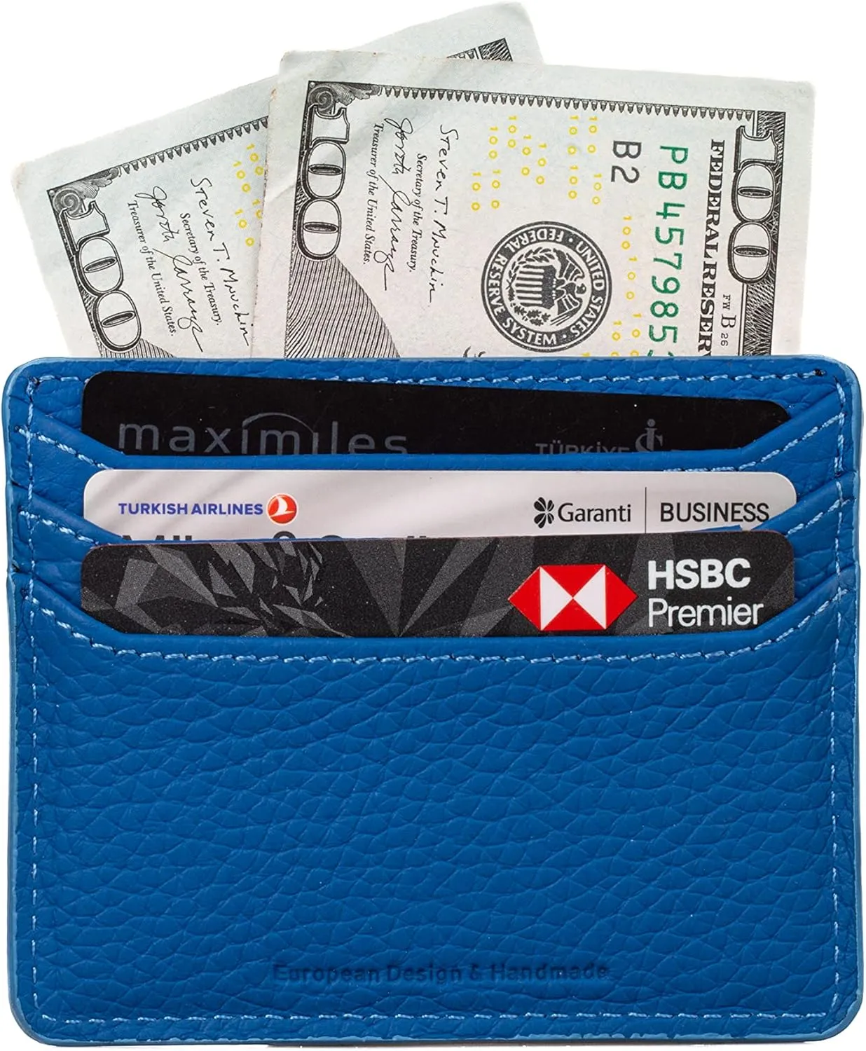 grande 3633 Genuine Leather Card Holder For Women and Men Super Slim Minimalist Small Snap Wallet (Blue)