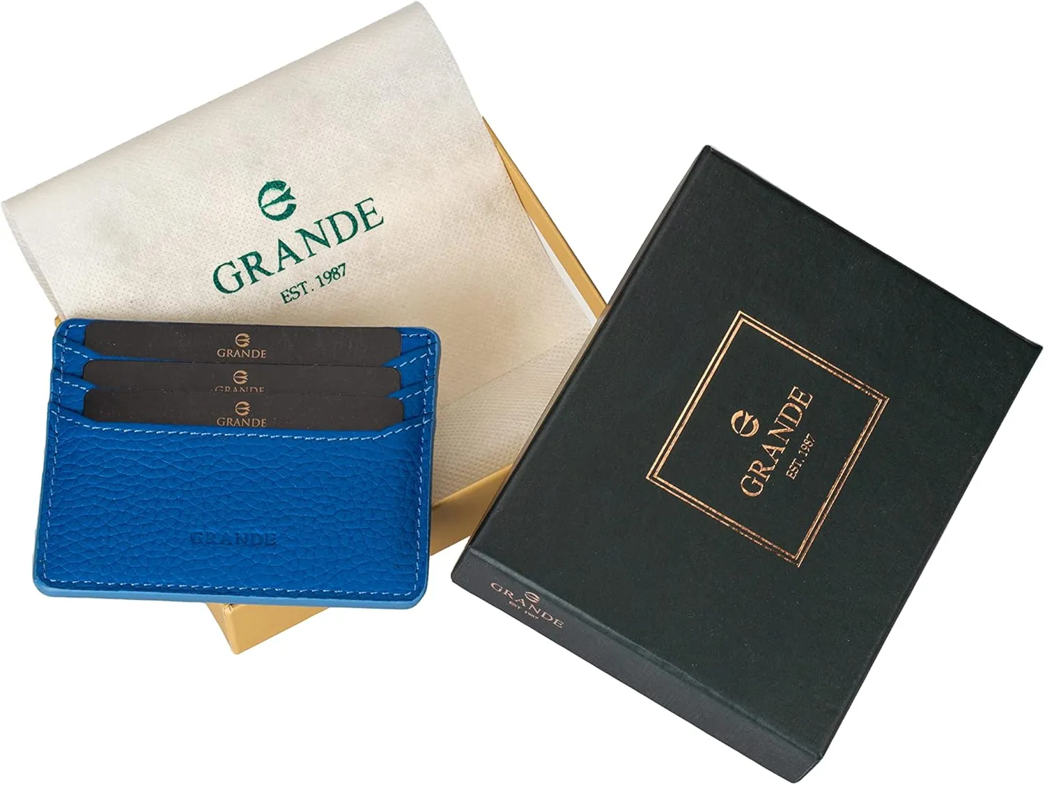 grande 3633 Genuine Leather Card Holder For Women and Men Super Slim Minimalist Small Snap Wallet (Blue)