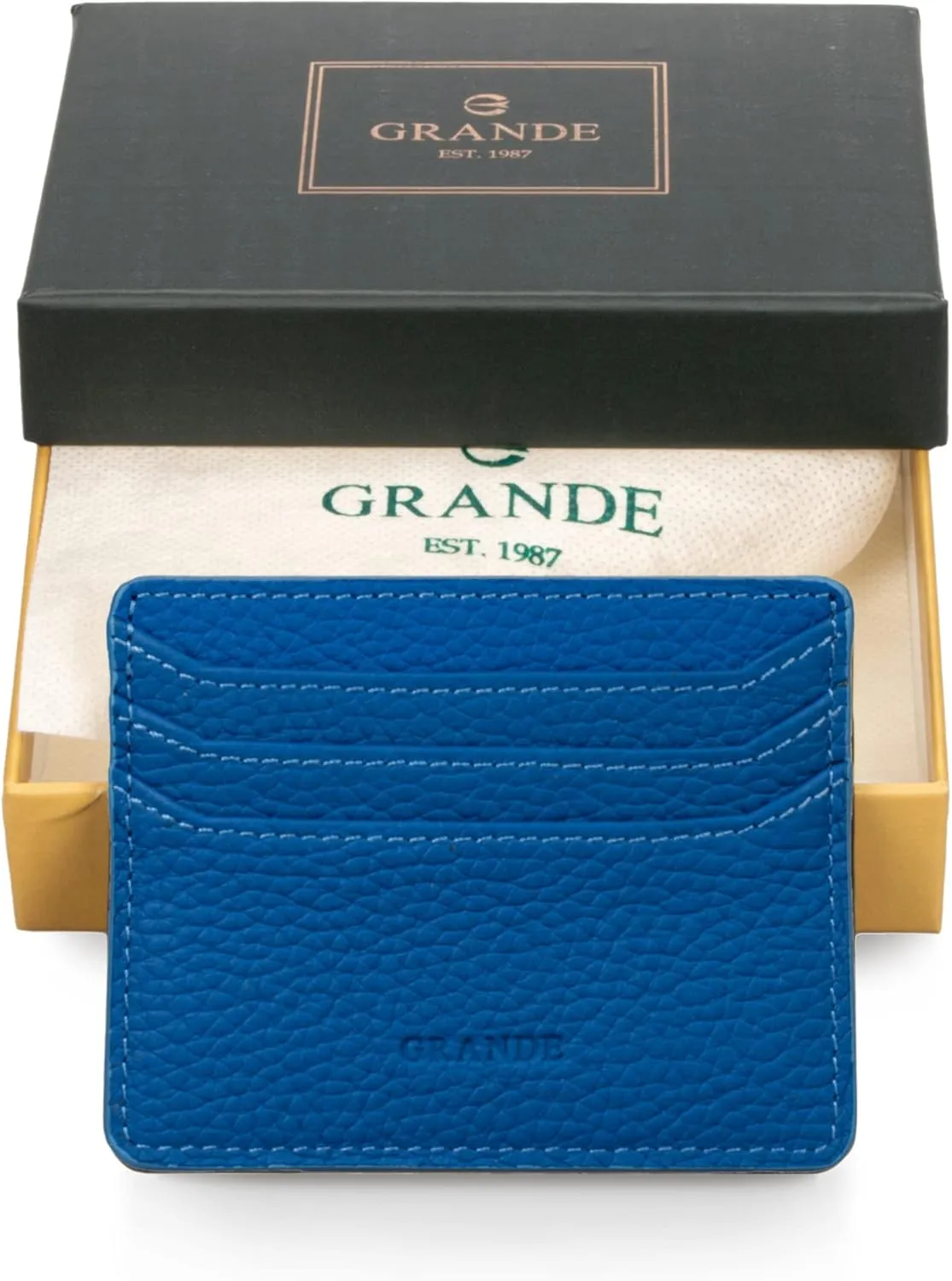 grande 3633 Genuine Leather Card Holder For Women and Men Super Slim Minimalist Small Snap Wallet (Blue)