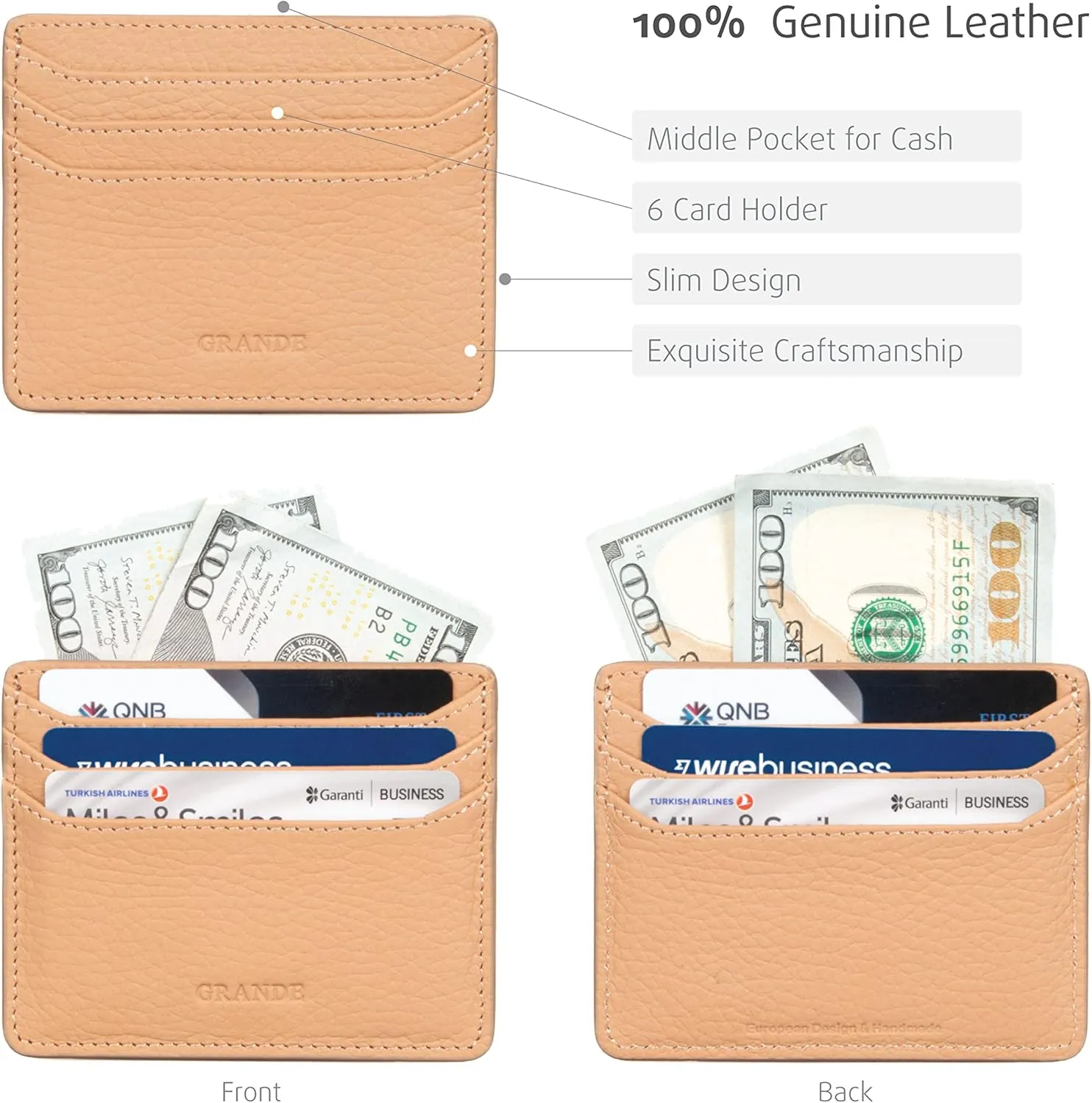 grande 3633 Genuine Leather Card Holder For Women and Men Super Slim Minimalist Small Snap Wallet (Cookie)