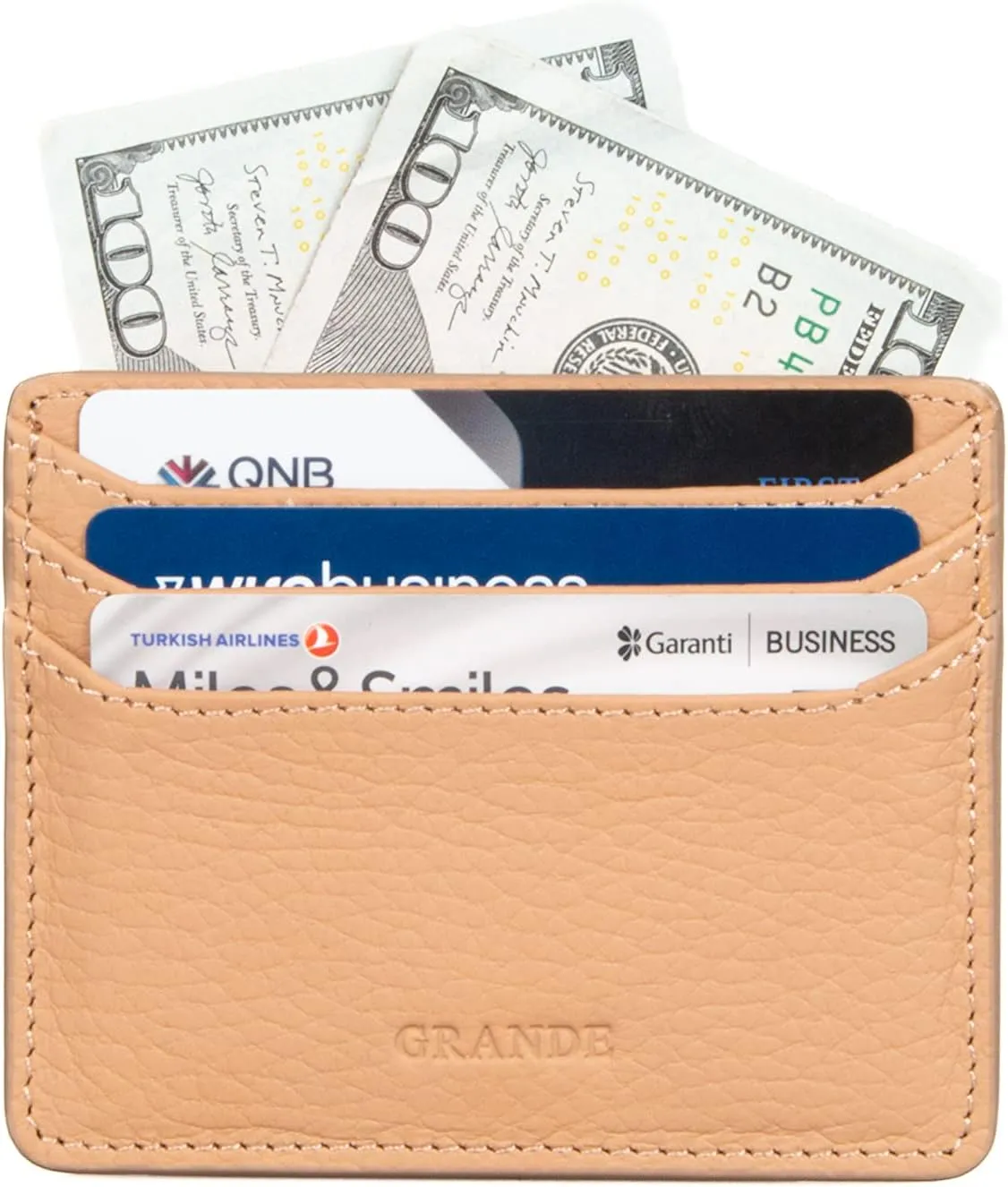 grande 3633 Genuine Leather Card Holder For Women and Men Super Slim Minimalist Small Snap Wallet (Cookie)