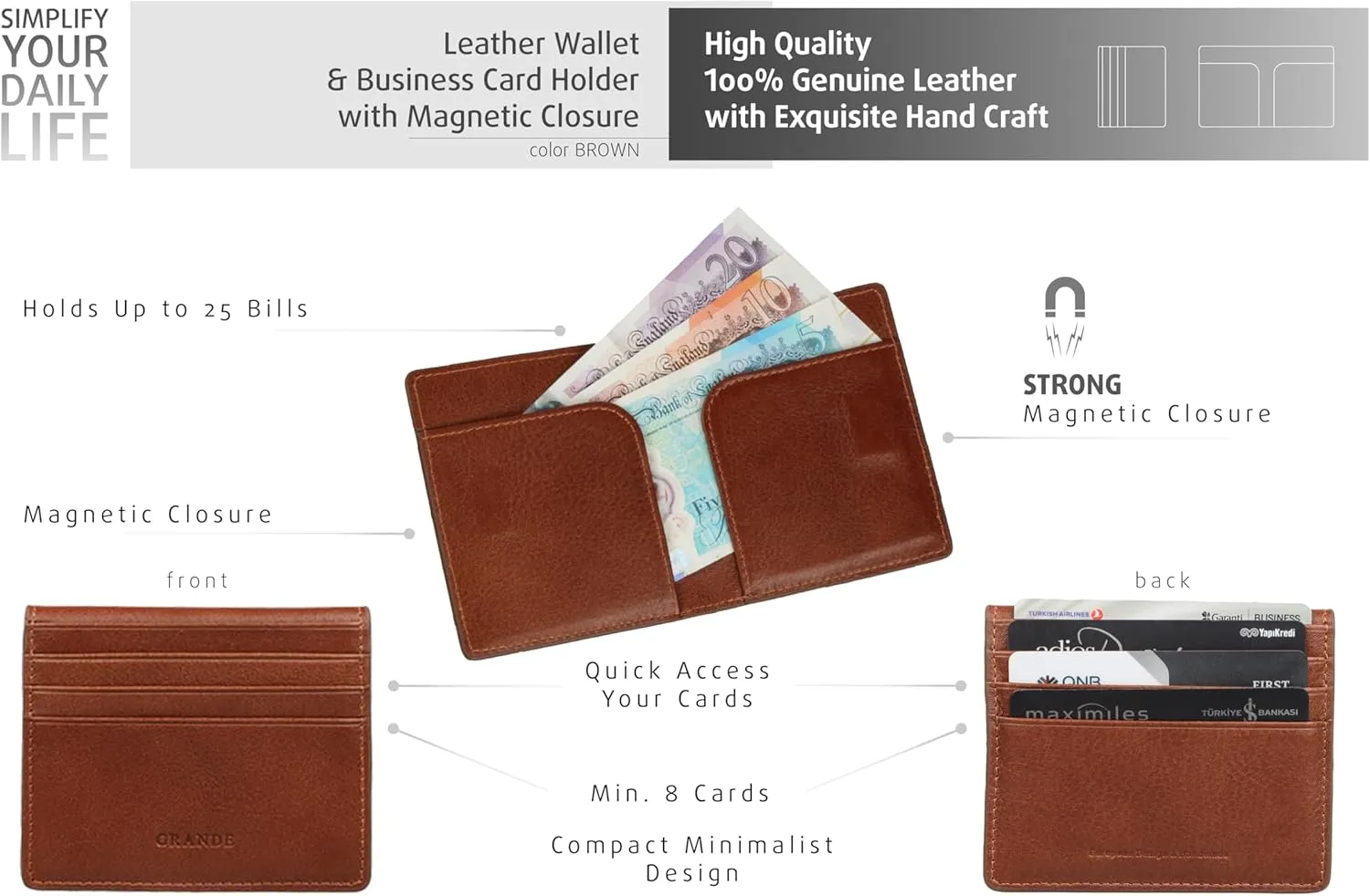grande 762 Genuine Leather Card Holder For Men Slim Minimalist Card Case Small Magnetic Wallet - Brown