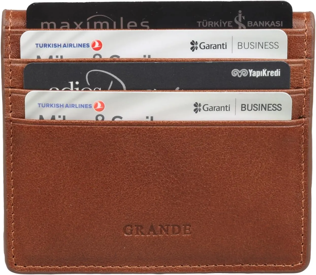 grande 762 Genuine Leather Card Holder For Men Slim Minimalist Card Case Small Magnetic Wallet - Brown