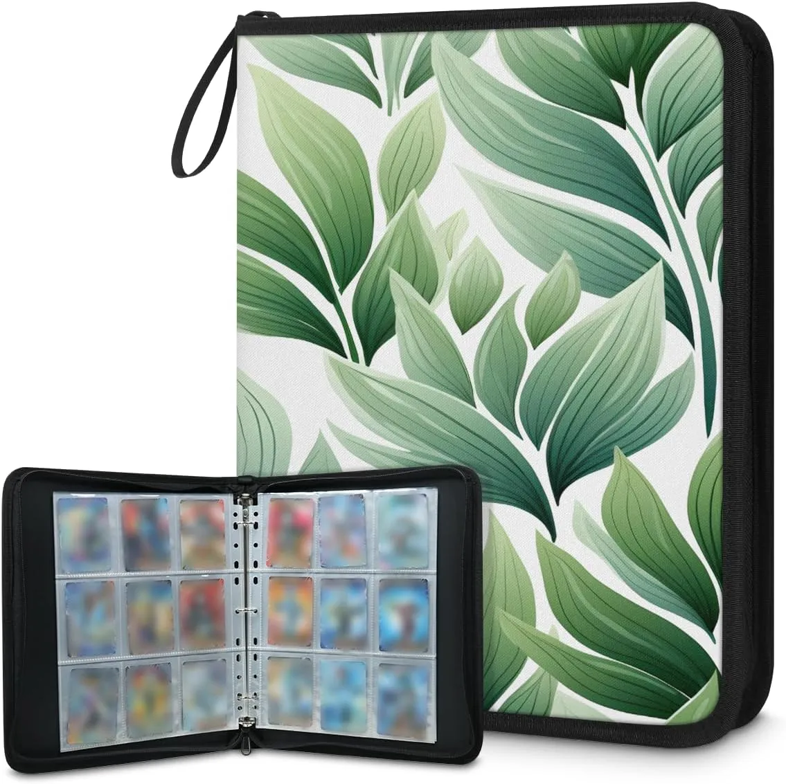 Green Leaf 3 Ring Trading Zipper Binder Strap, Trading Card Binder 9 Pocket, 900 Pockets Card Holder with 50 Removable Sleeves for Game Cards