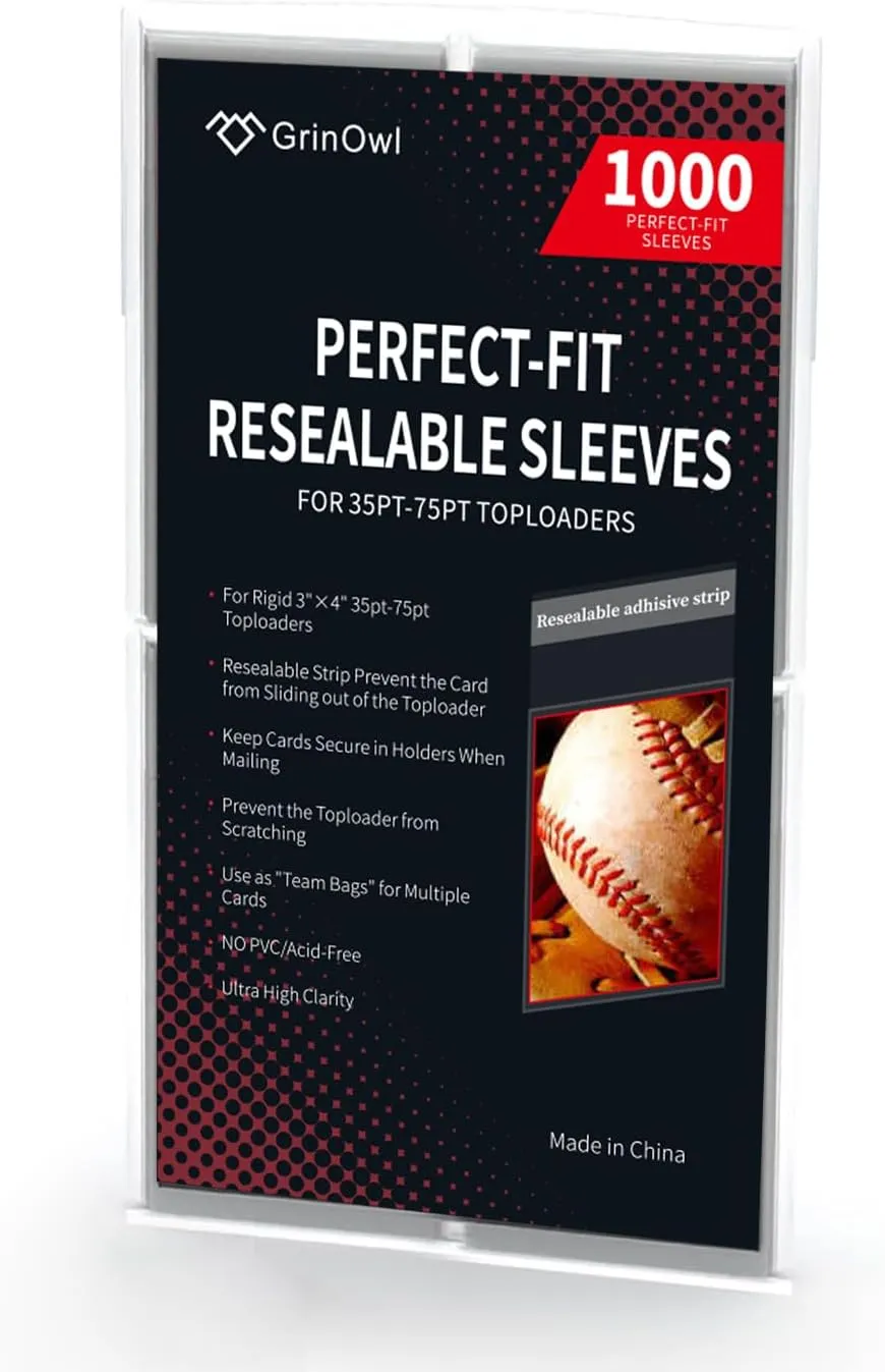 GrinOwl Resealable Team Bags for 35-75PT Rigid Toploader Card Holders, Top Loader Sleeves(1000 Count)