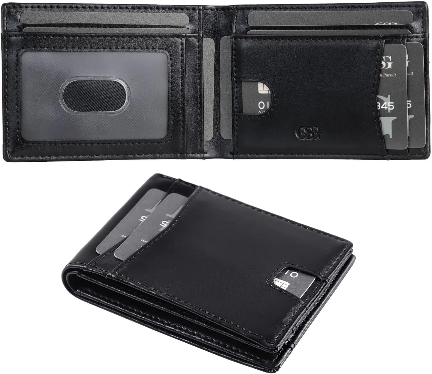 GSG Mens Slim Bifold Wallet, Genuine Leather Wallet, RFID Blocking Wallet With 1 ID Window 10 Cards Holders Mens Front Pocket Wallet With Gift Box, Black