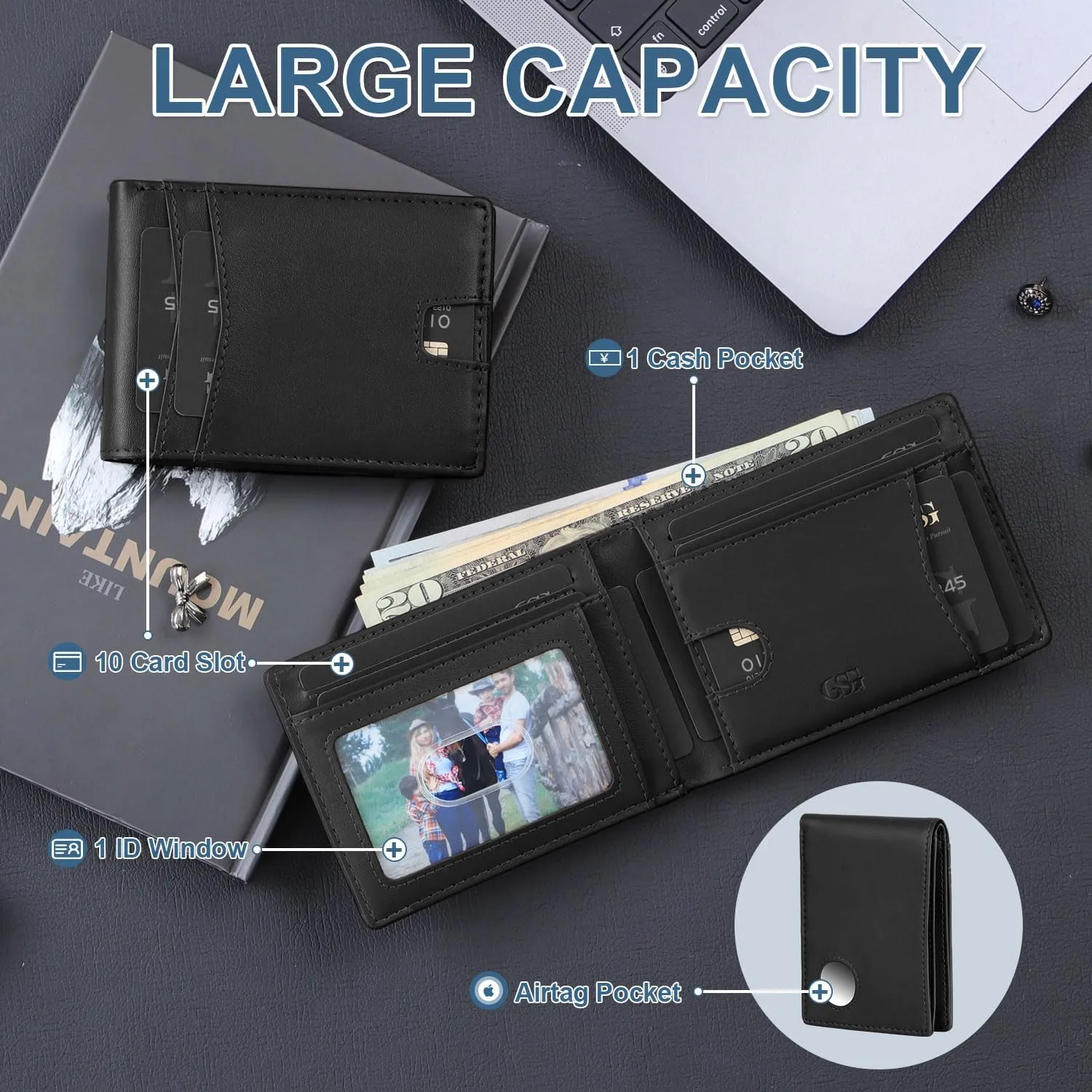 GSG Mens Slim Bifold Wallet, Genuine Leather Wallet, RFID Blocking Wallet With 1 ID Window 10 Cards Holders Mens Front Pocket Wallet With Gift Box, Black