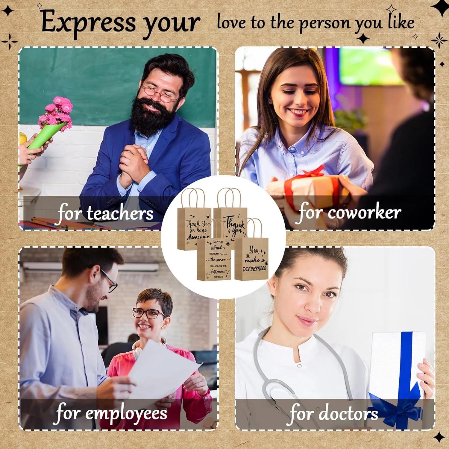 Gueevin 40 Pcs Teacher Employee Appreciation Bulk Thank You Gifts Paper Bags for Nurse Week Mother's Day CNA Week Gift Graduation Appreciation Inspirational Gift(Kraft Color)