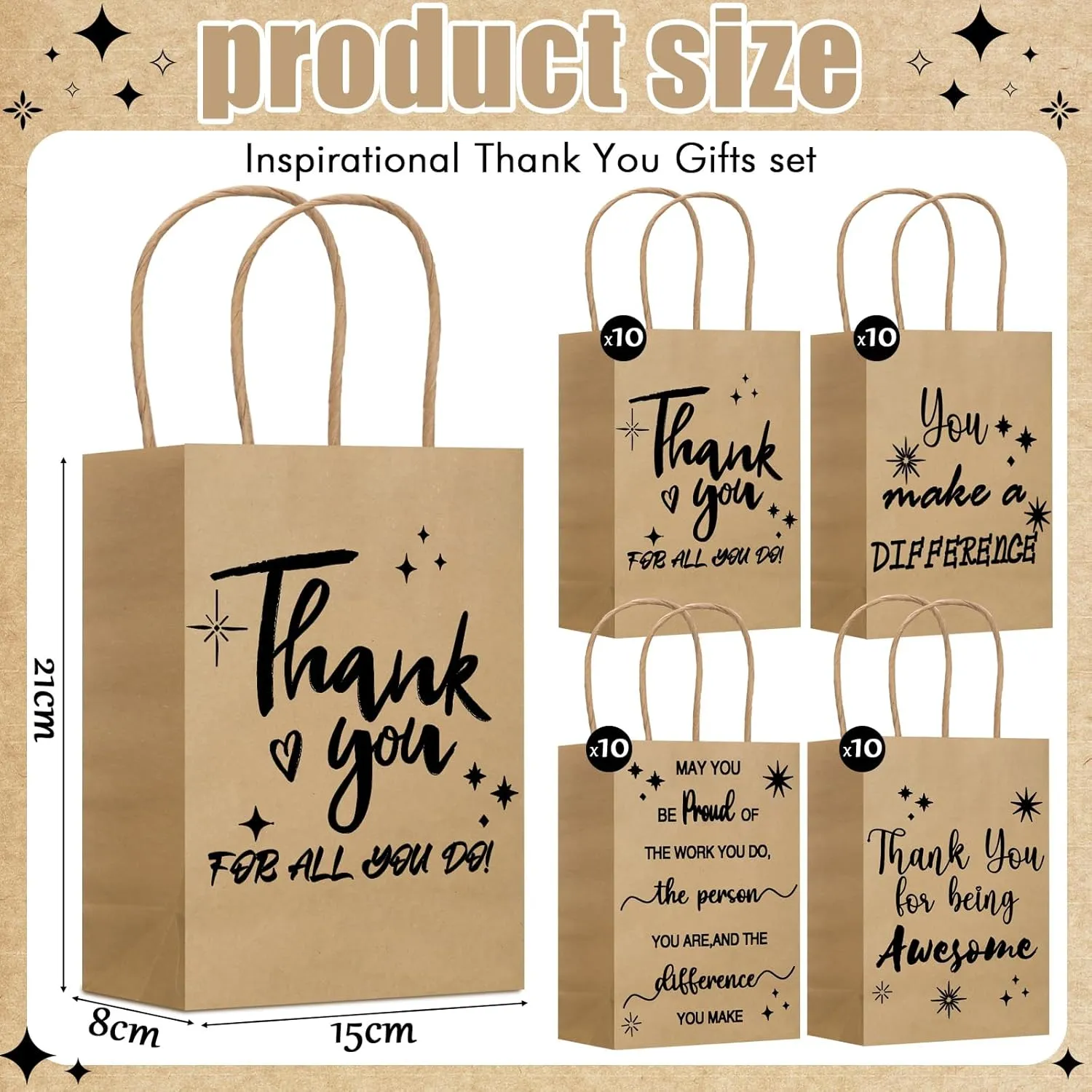Gueevin 40 Pcs Teacher Employee Appreciation Bulk Thank You Gifts Paper Bags for Nurse Week Mother's Day CNA Week Gift Graduation Appreciation Inspirational Gift(Kraft Color)