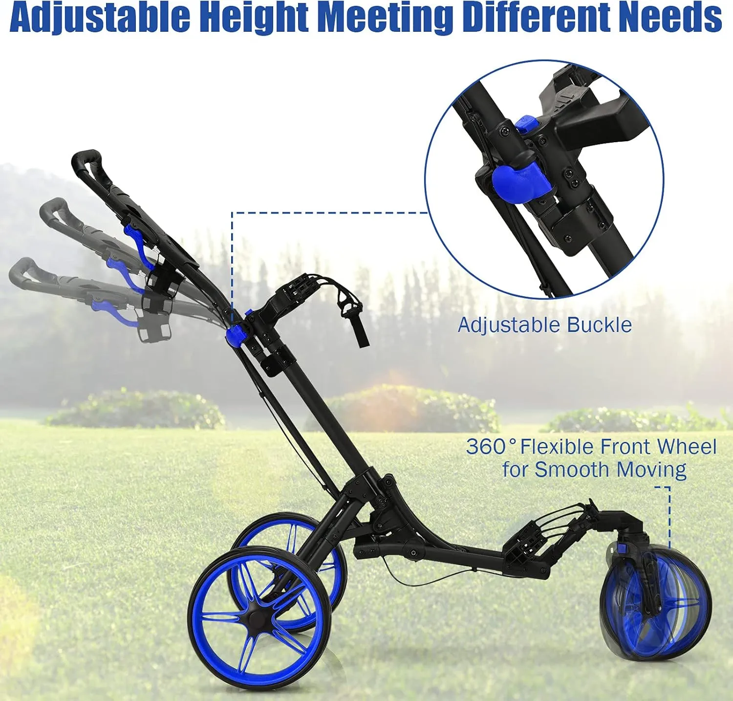 GYMAX Folding Golf Push Cart with Swivel Front Wheel, 3 Wheel Adjustable Golf Pull Cart, Easy Folding Compact Golf Trolley for Clubs