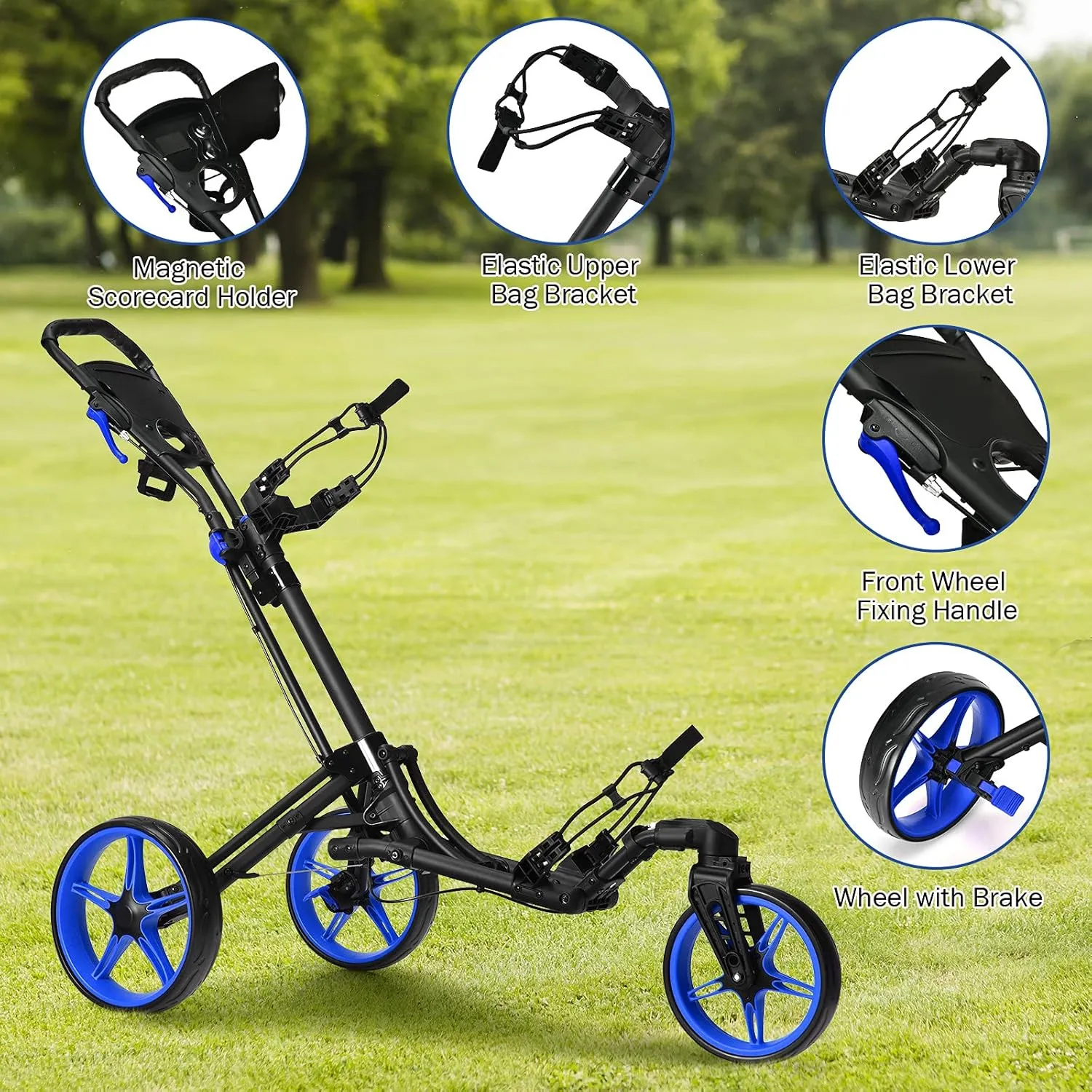 GYMAX Folding Golf Push Cart with Swivel Front Wheel, 3 Wheel Adjustable Golf Pull Cart, Easy Folding Compact Golf Trolley for Clubs