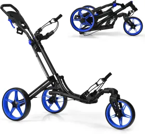 GYMAX Folding Golf Push Cart with Swivel Front Wheel, 3 Wheel Adjustable Golf Pull Cart, Easy Folding Compact Golf Trolley for Clubs