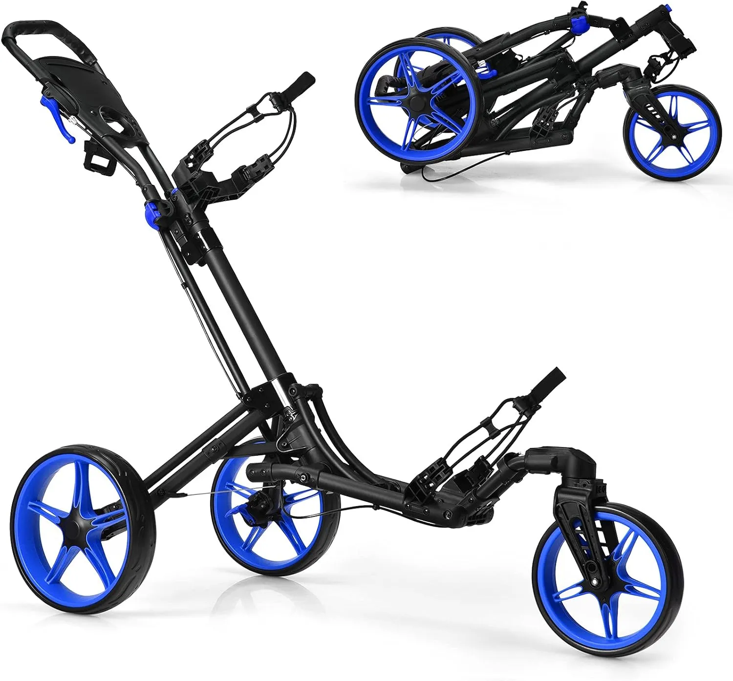 GYMAX Folding Golf Push Cart with Swivel Front Wheel, 3 Wheel Adjustable Golf Pull Cart, Easy Folding Compact Golf Trolley for Clubs