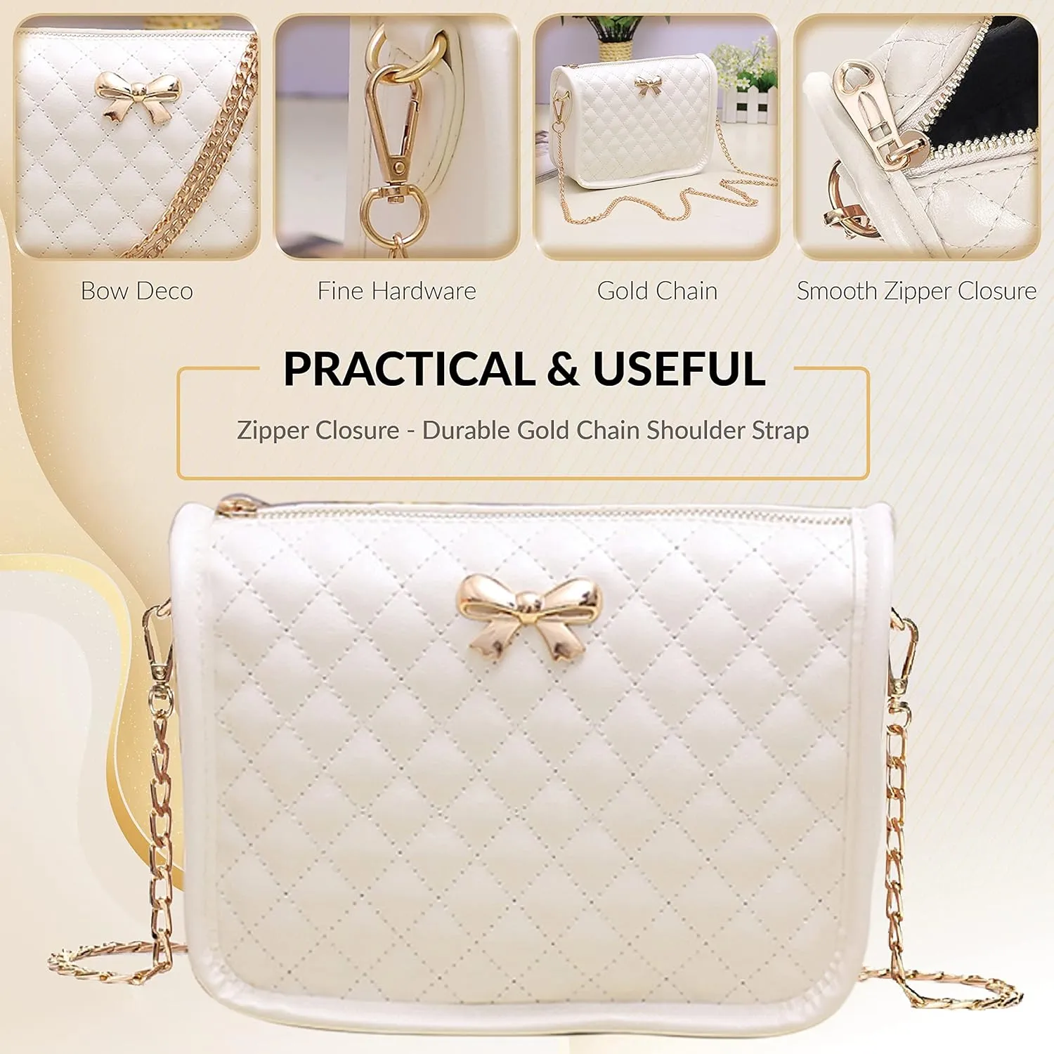 Hanbella Crossbody Purse for Women - Cute Quilted Leather Shoulder Bag with Gold Chain Strap for Teen Girls - Womens Clutch