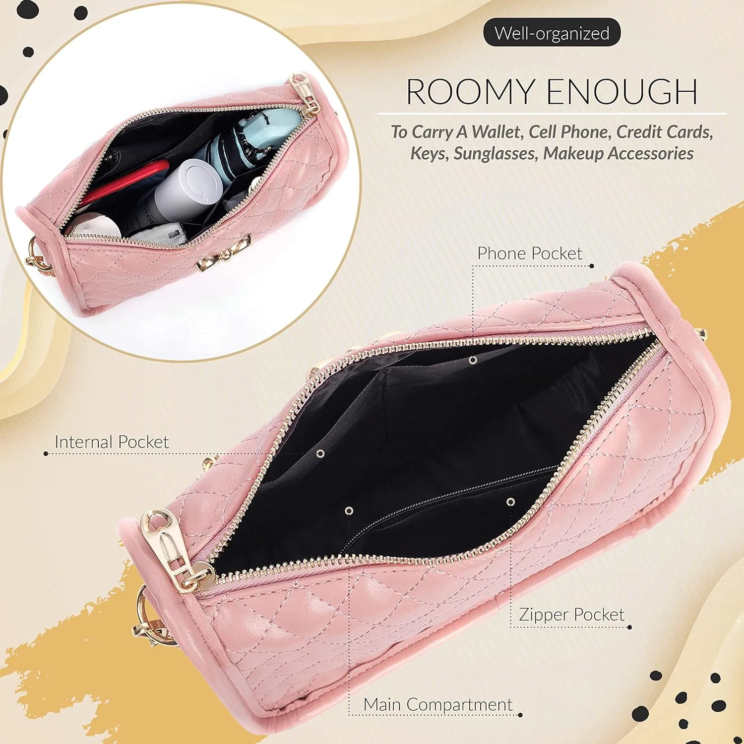 Hanbella Crossbody Purse for Women - Cute Quilted Leather Shoulder Bag with Gold Chain Strap for Teen Girls - Womens Clutch