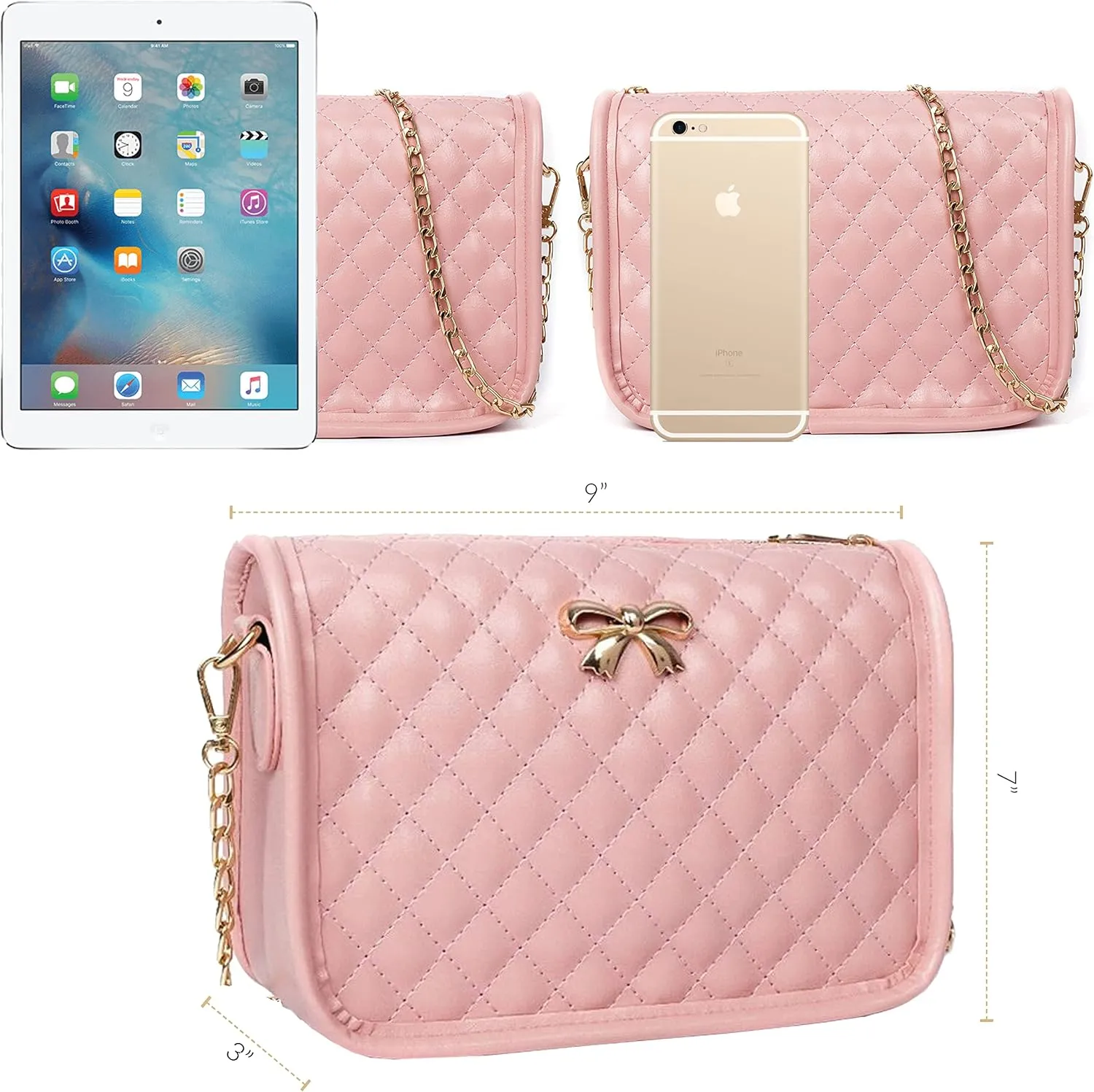 Hanbella Crossbody Purse for Women - Cute Quilted Leather Shoulder Bag with Gold Chain Strap for Teen Girls - Womens Clutch