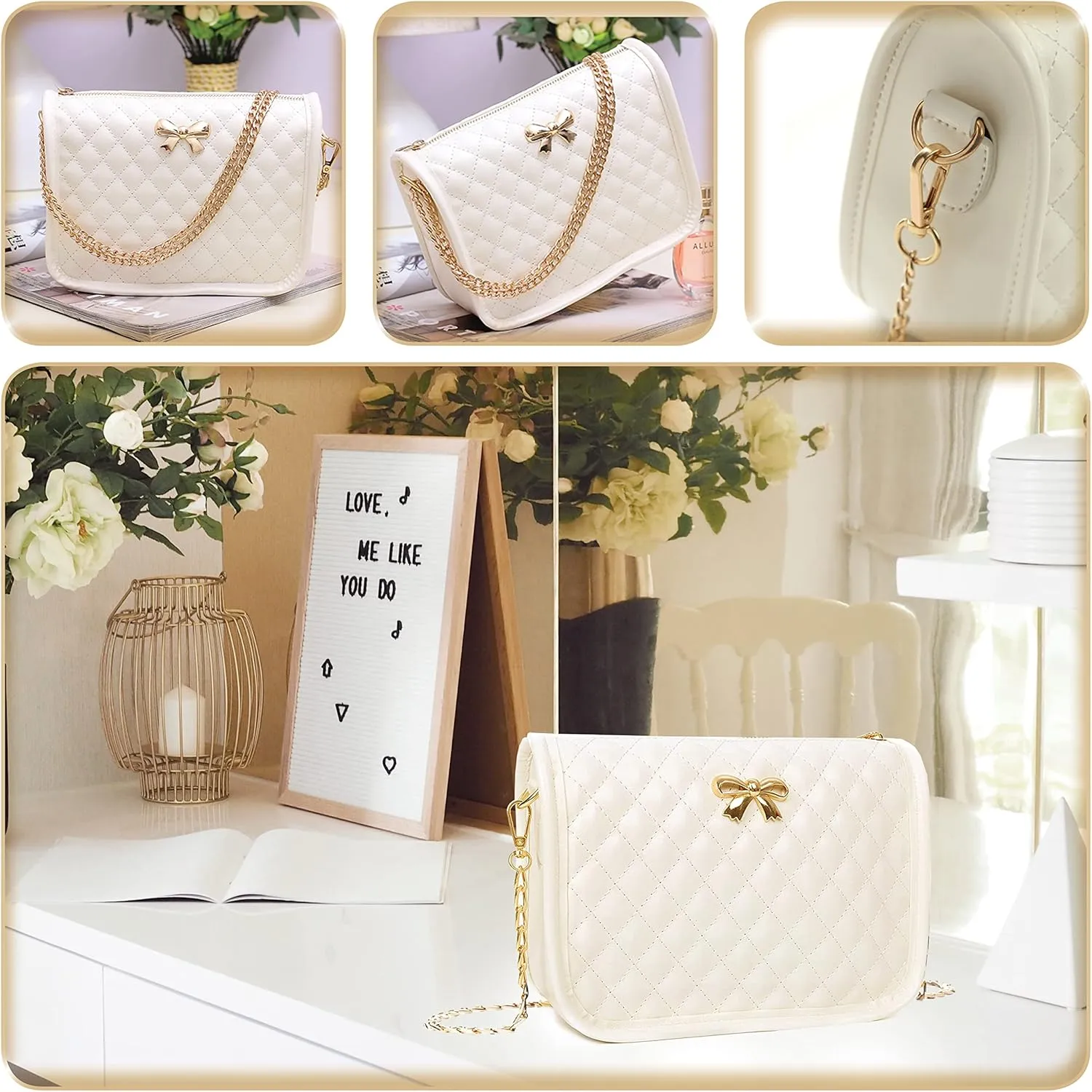 Hanbella Crossbody Purse for Women - Cute Quilted Leather Shoulder Bag with Gold Chain Strap for Teen Girls - Womens Clutch
