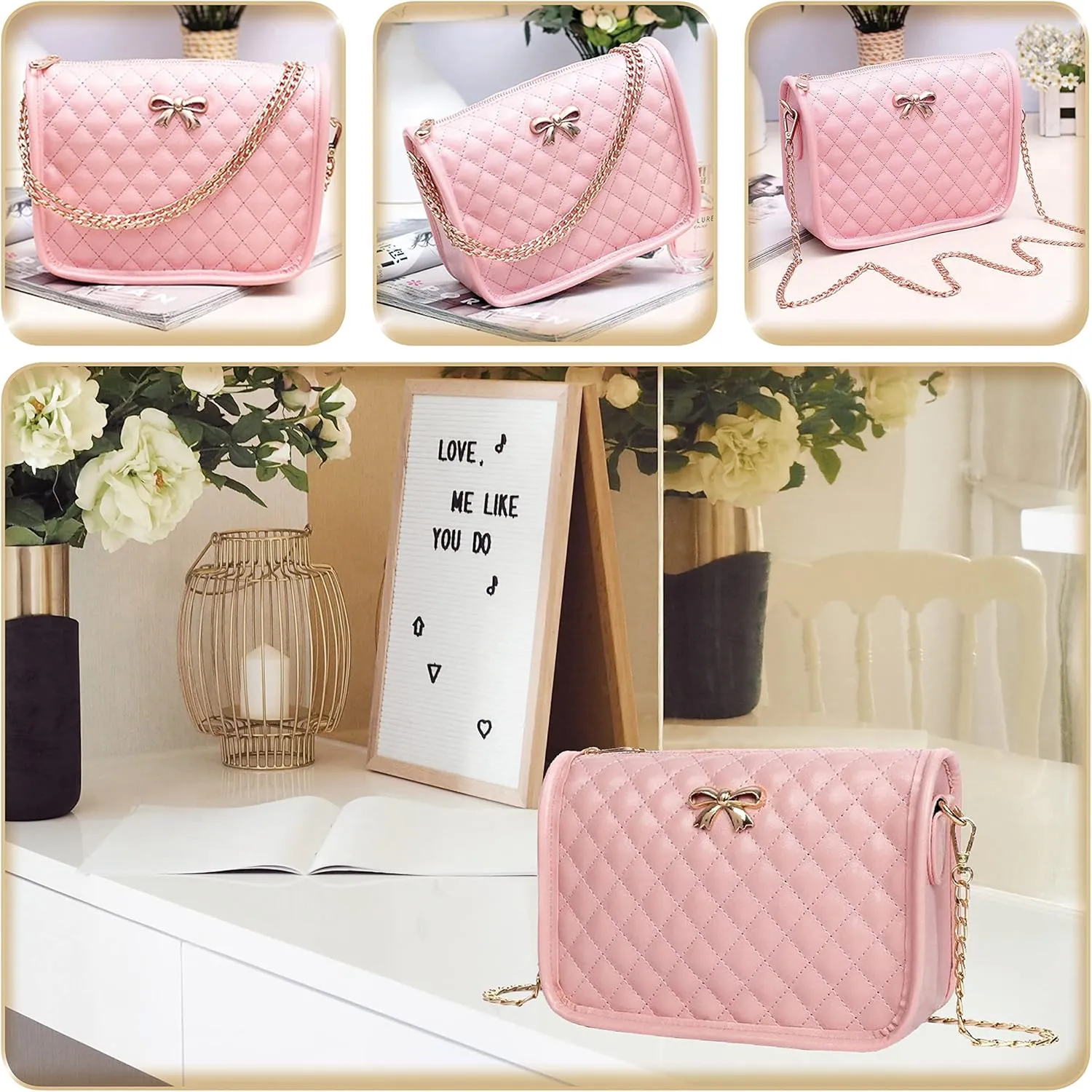 Hanbella Crossbody Purse for Women - Cute Quilted Leather Shoulder Bag with Gold Chain Strap for Teen Girls - Womens Clutch