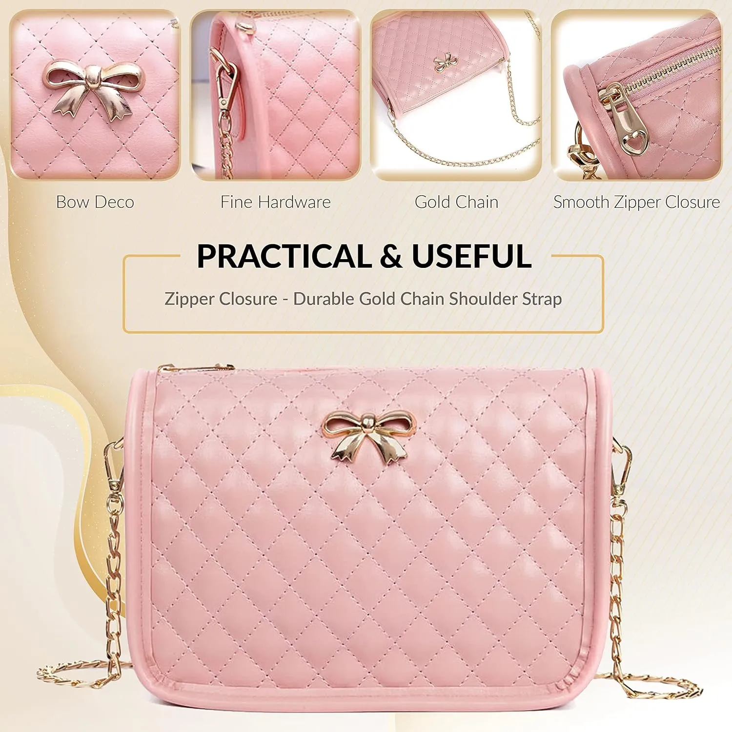 Hanbella Crossbody Purse for Women - Cute Quilted Leather Shoulder Bag with Gold Chain Strap for Teen Girls - Womens Clutch