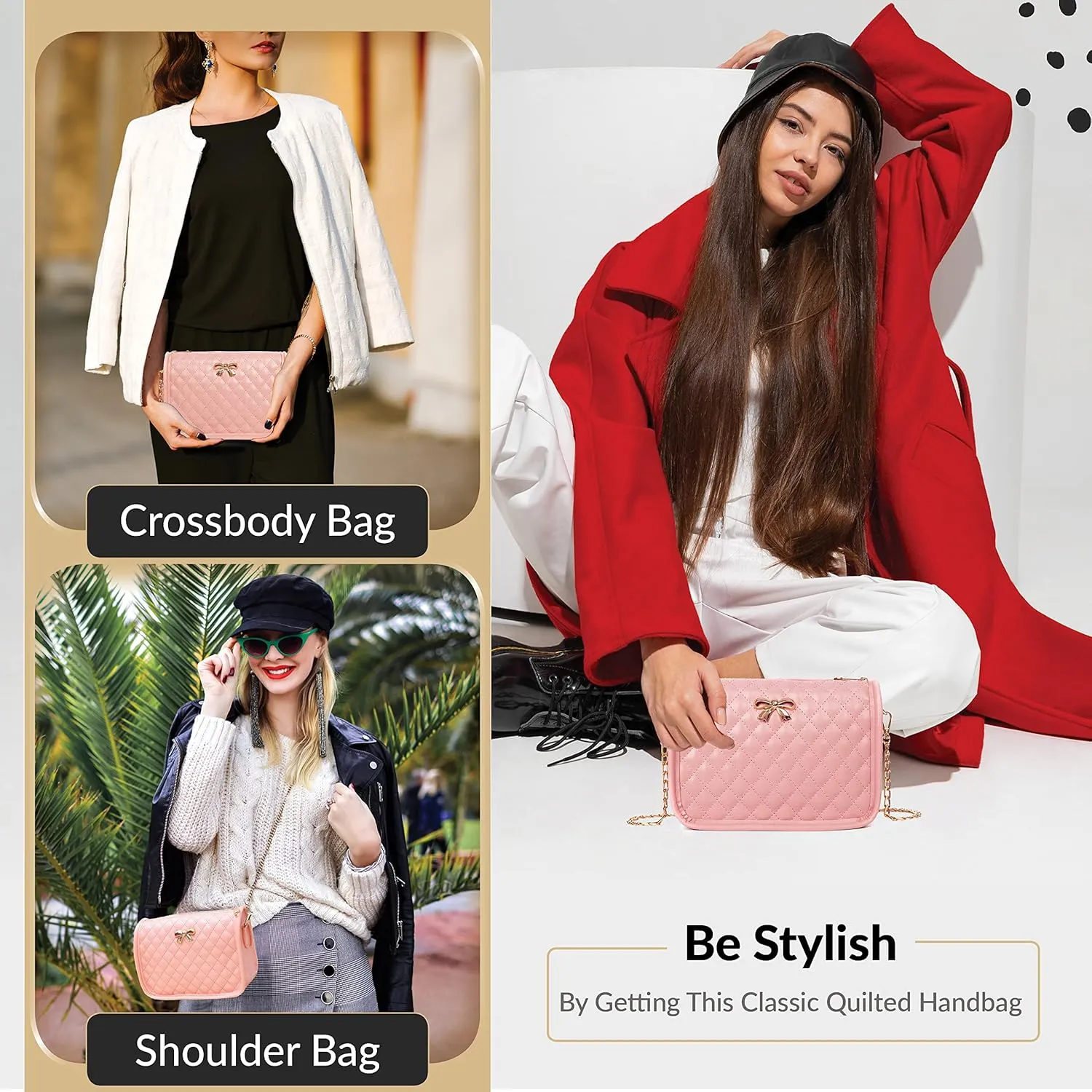 Hanbella Crossbody Purse for Women - Cute Quilted Leather Shoulder Bag with Gold Chain Strap for Teen Girls - Womens Clutch