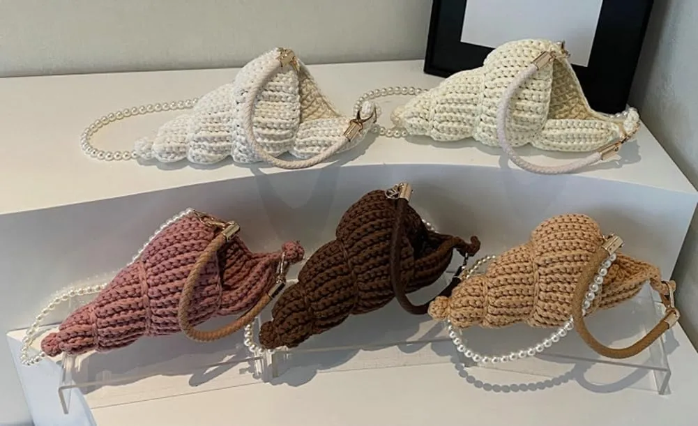 Handwoven Fashion Seashell Bag for Women Crochet Beach Bag Unique Boho Clutch with Pearl Strap Leather Handle 2025