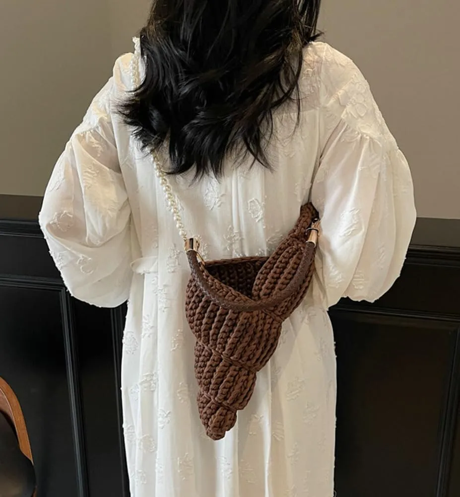 Handwoven Fashion Seashell Bag for Women Crochet Beach Bag Unique Boho Clutch with Pearl Strap Leather Handle 2025