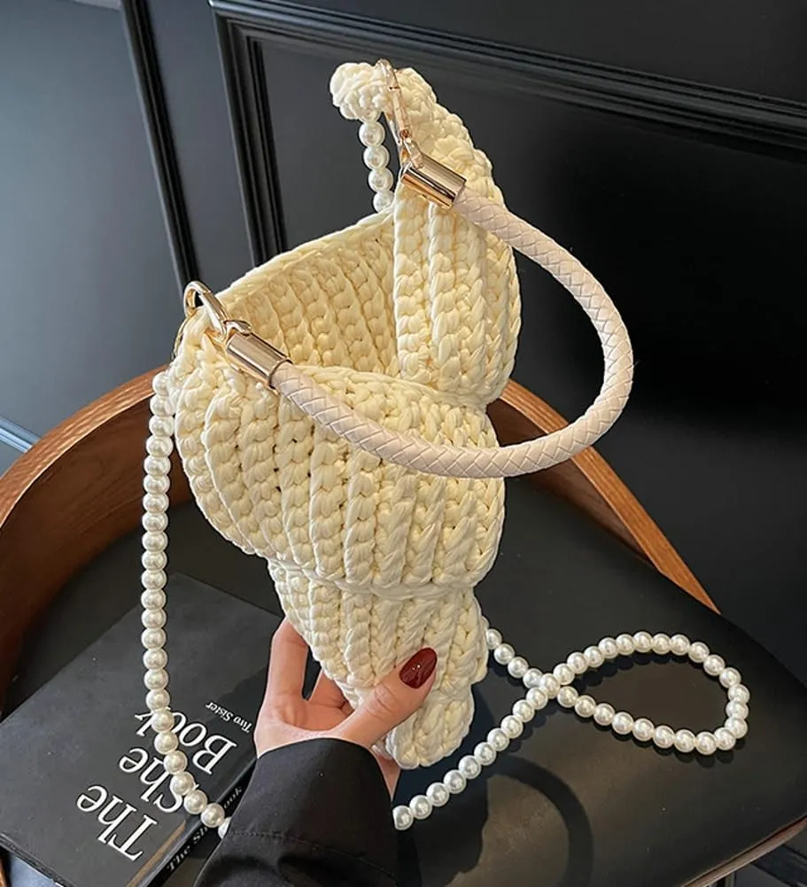 Handwoven Fashion Seashell Bag for Women Crochet Beach Bag Unique Boho Clutch with Pearl Strap Leather Handle 2025