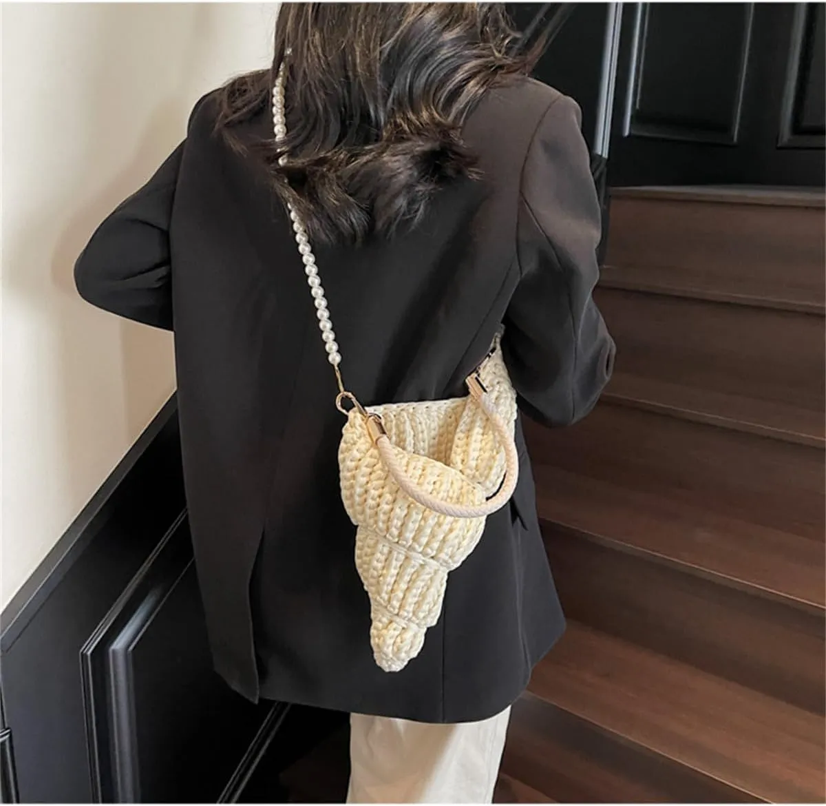 Handwoven Fashion Seashell Bag,Womens Stylish & Unique Boho Clutch with Pearl Strap,Crochet Leather Handle Beach Bag