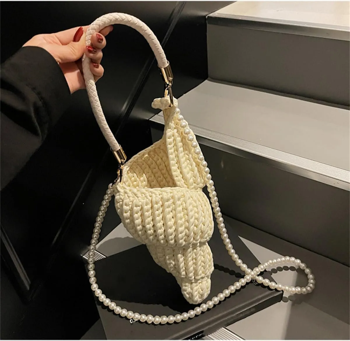 Handwoven Fashion Seashell Bag,Womens Stylish & Unique Boho Clutch with Pearl Strap,Crochet Leather Handle Beach Bag
