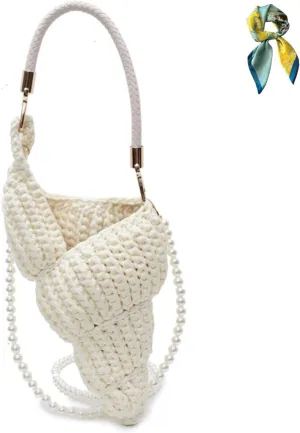 Handwoven Fashion Seashell Bag,Womens Stylish & Unique Boho Clutch with Pearl Strap,Crochet Leather Handle Beach Bag
