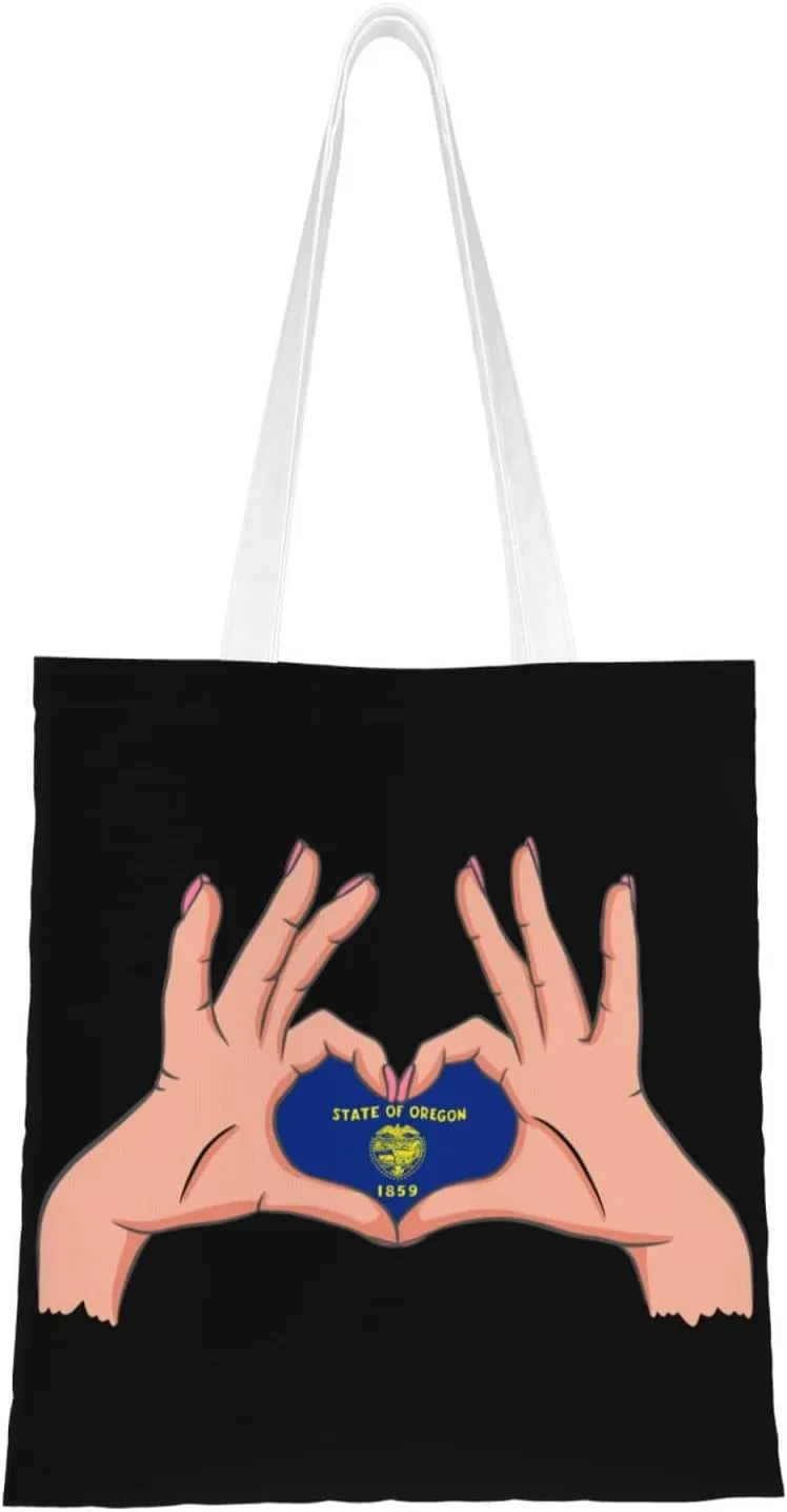 Holding A Heart Flag Of Oregon Tote Bag for Women Canvas Shopping Bags Reusable Large Capacity Casual Shoulder Handbags Grocery Bags DIY Gift Bags