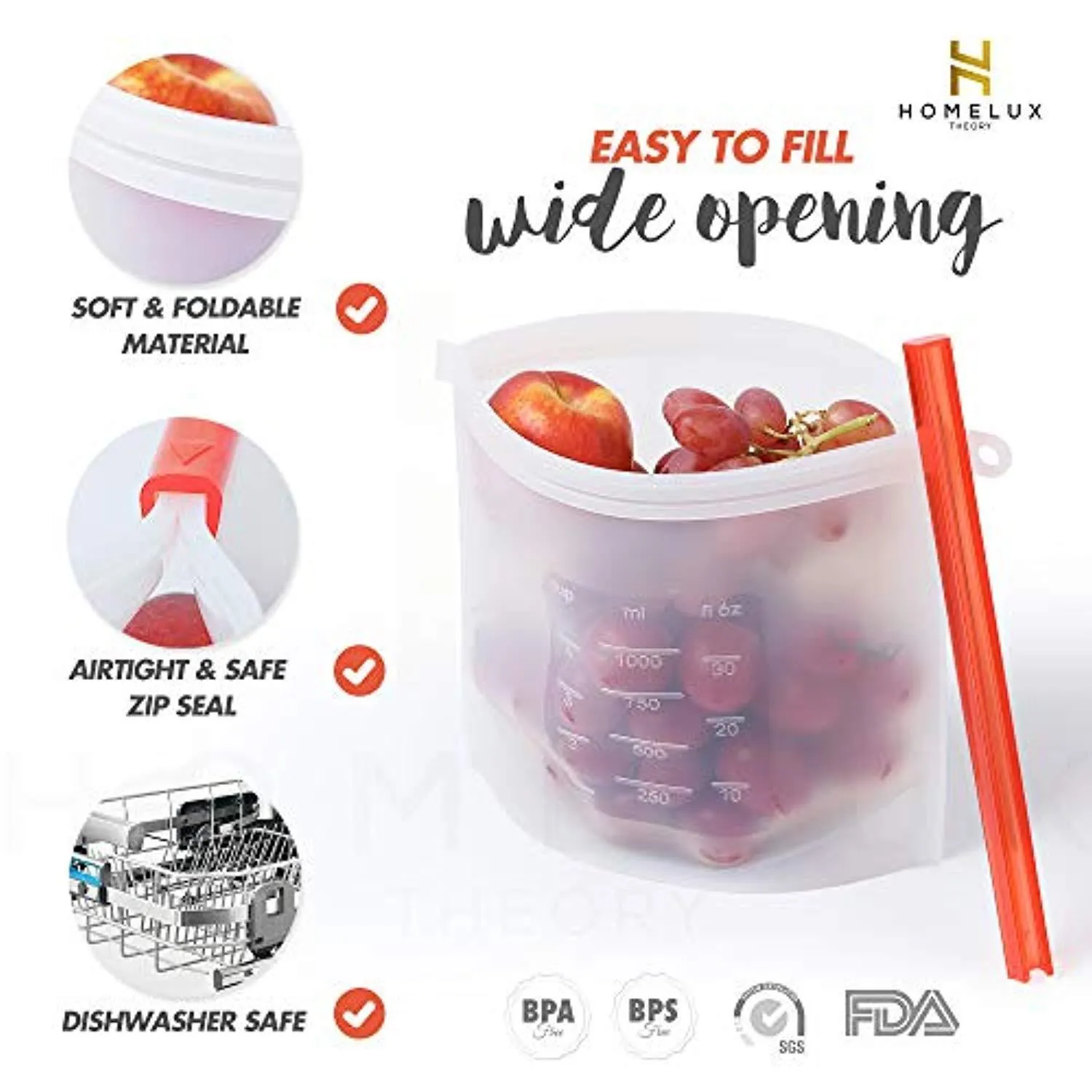 Homelux Theory Reusable Silicone Food Storage Bags | Sandwich, Sous Vide, Liquid, Snack, Lunch, Fruit, Freezer Airtight Seal | BEST for preserving and cooking | UPGRADED SIZE - 2 Large & 2 small