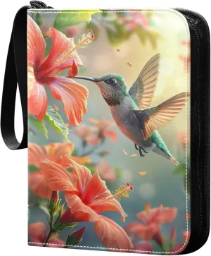Hummingbird and Flower Card Binder 4 Pocket Collectible Trading Card Albums with 50 Sleeves Double Side PU Waterproof 3 Ring for Sports & Game Cards