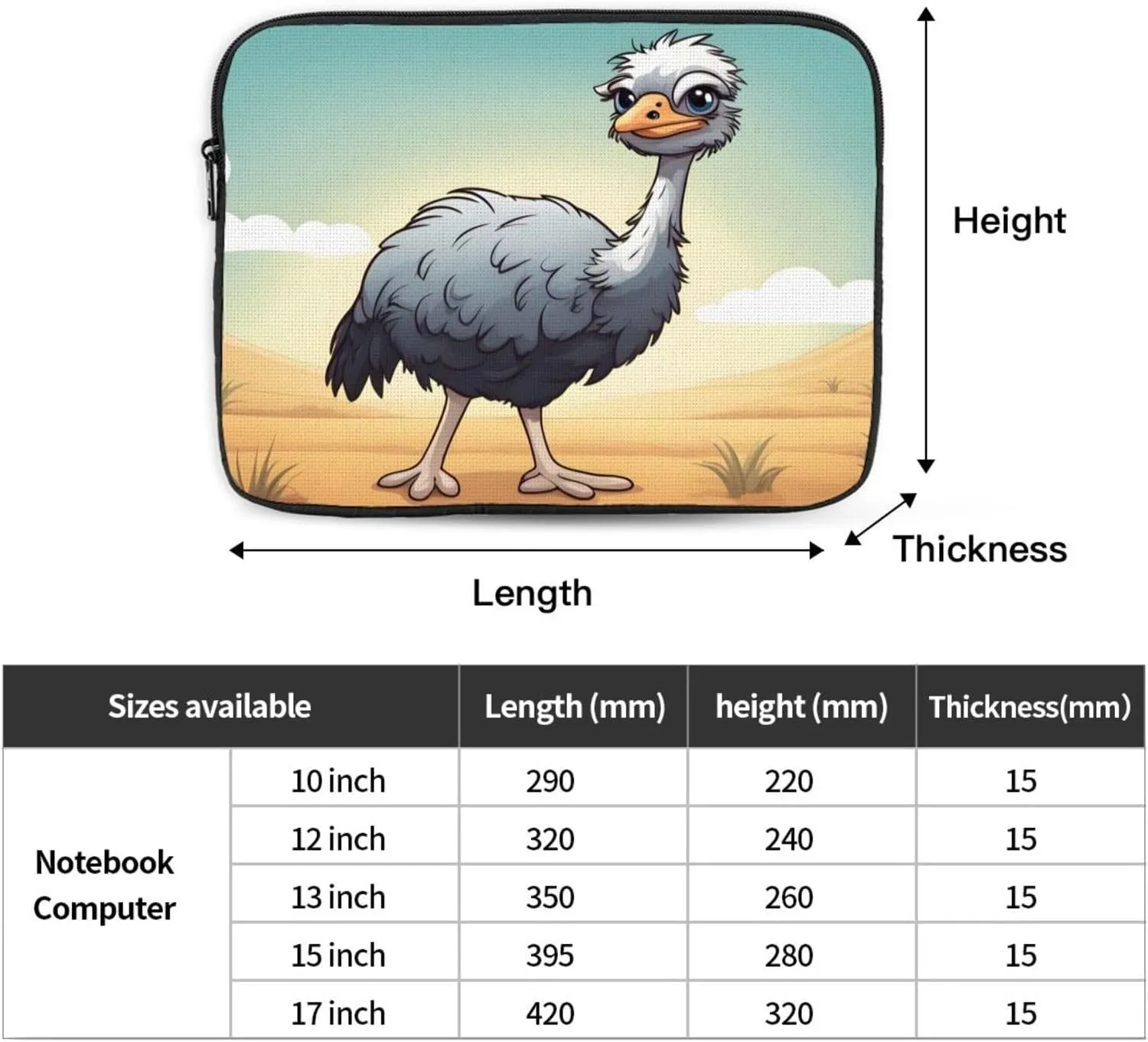 HYTTER Cute Ostrich Prints Shockproof Portable Laptop Sleeve Case 10 inch - Fits 10-17 Inch Laptops - for Men & Women - Business Travel, Office